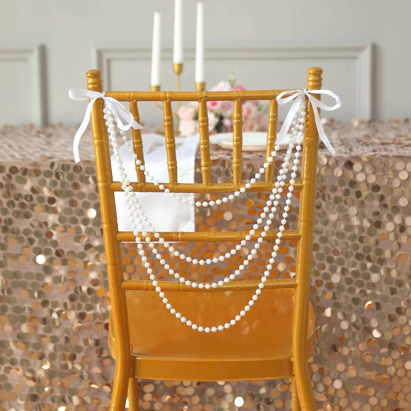 Faux Pearl Beaded 16" Chair Back Garland Sash White Gatsby-Inspired Style - Pre-Tied Chic Wedding Decor for Chiavari Chairs