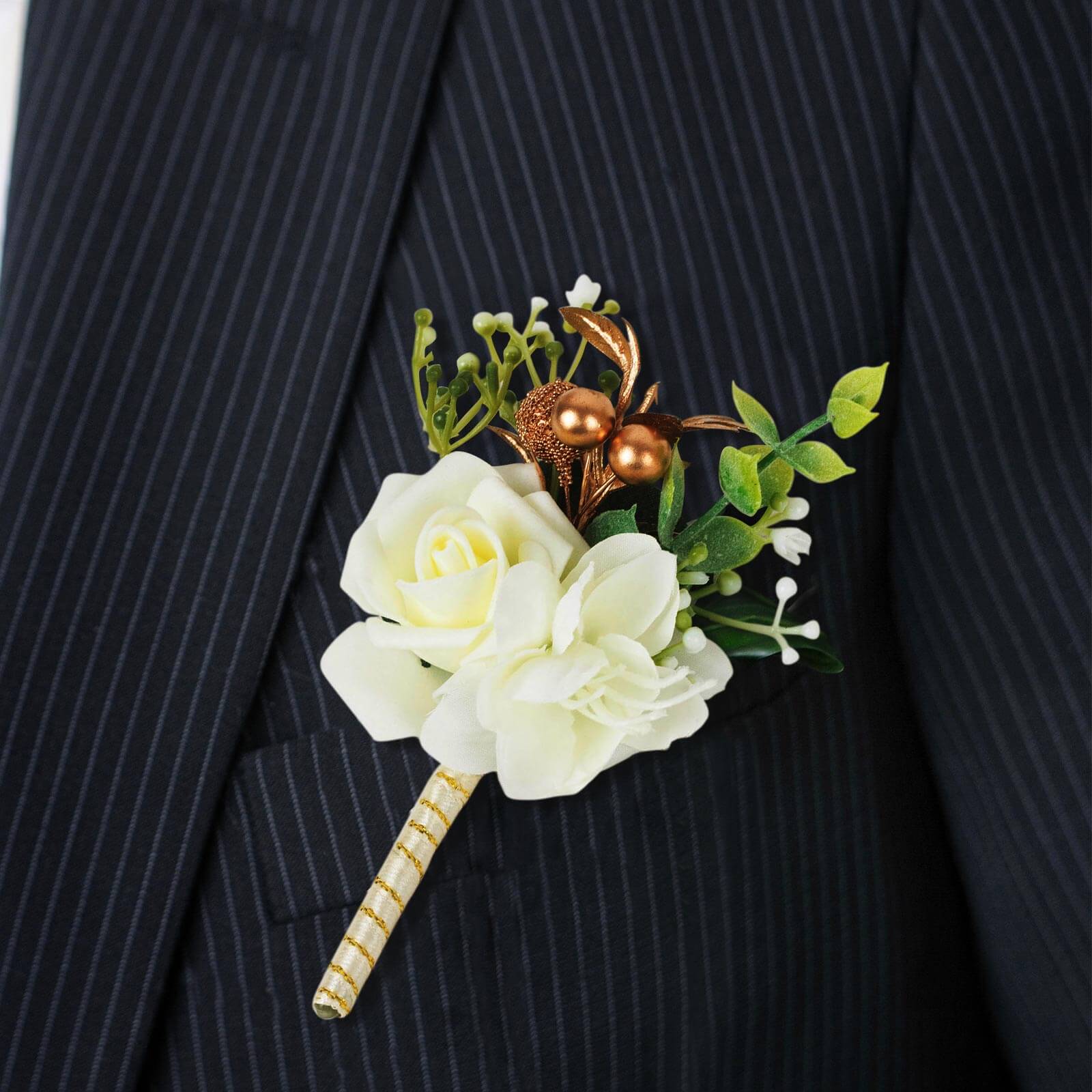2 Pack White Artificial Rose Boutonniere With Pin, 5" Real Touch Silk Flower Pocket Square