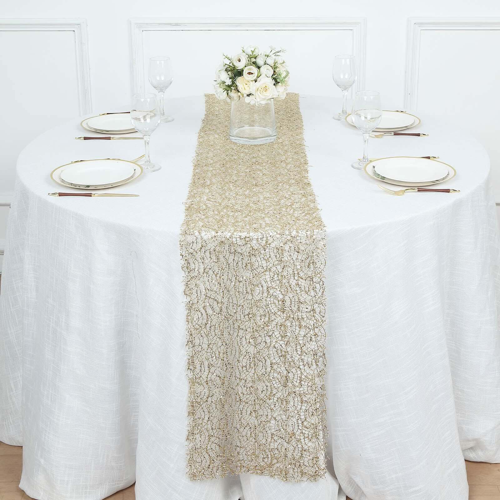 Mesh 12"x108" Table Runner Gold - Sequin Schiffli Lace Design for Stylish Celebrations