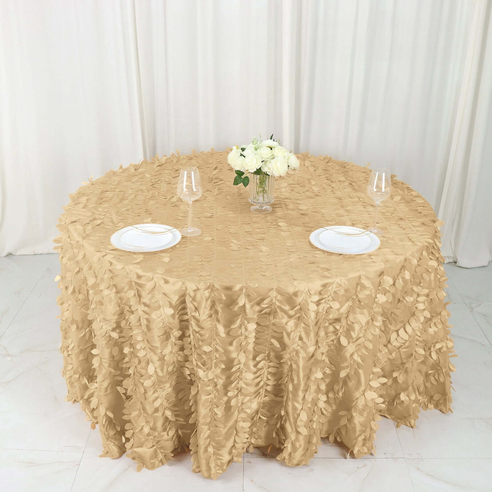 Taffeta 132" Round Tablecloth Champagne | 3D Leaf Petal Design Seamless Table Cover