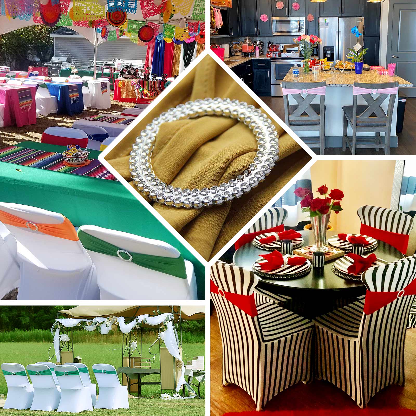 5 Pack Stretch Spandex Chair Sashes Gold - Classy Reusable Chair Bands with Silver Diamond Ring Slide Buckle 5"x14"