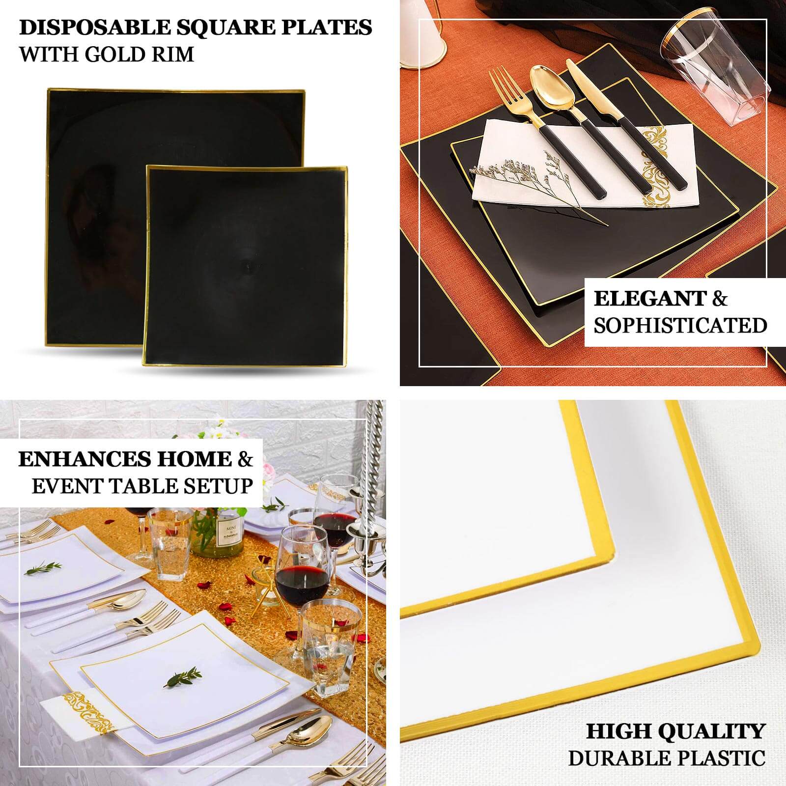 10-Pack Plastic 8" Square Dessert Plates in Taupe Concave Style with Gold Rim - Modern Disposable Salad Appetizer Party Plates