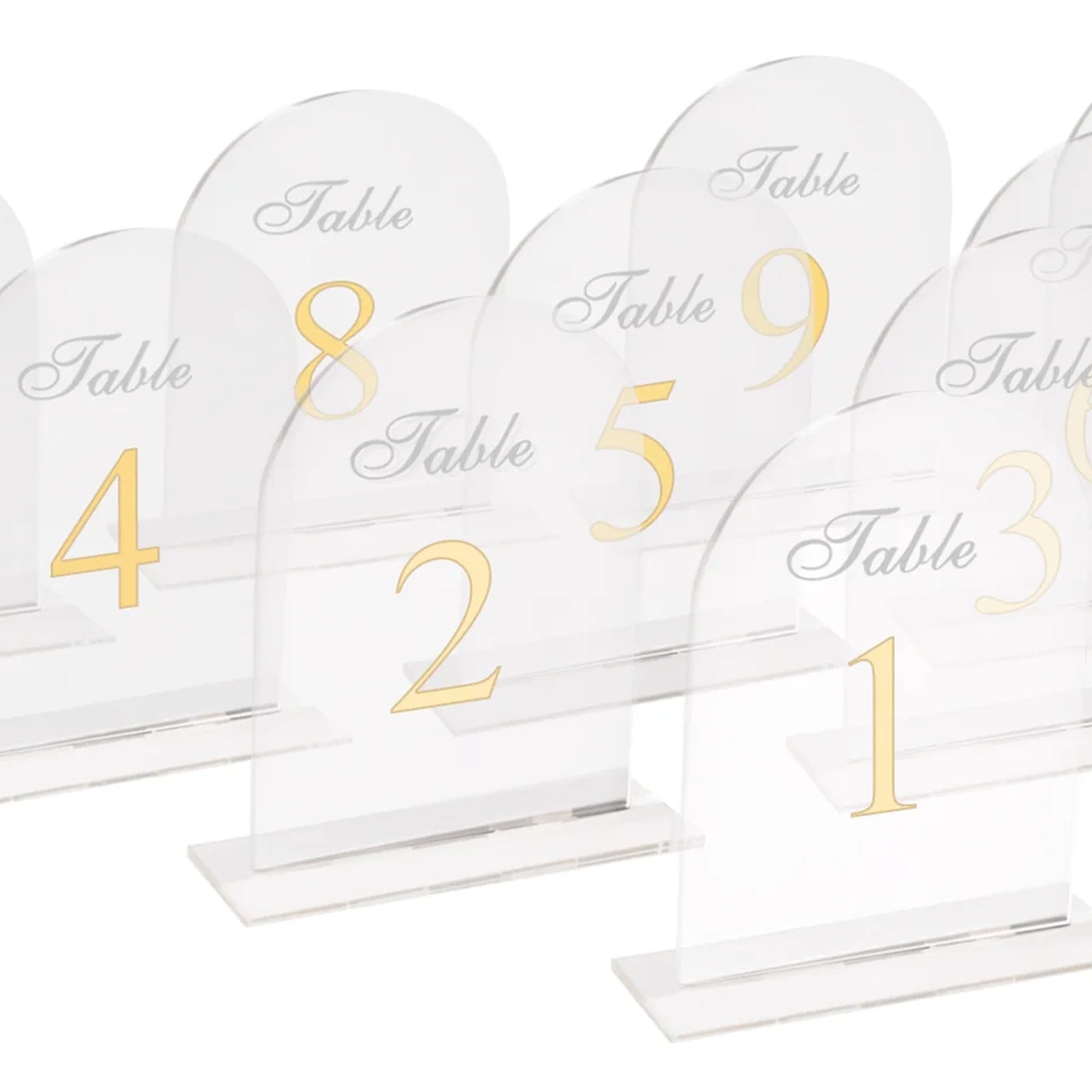 Clear Arch Acrylic Table Numbers (1-10) - 6"x7" Wedding Reception Signs with Gold Print & Stands