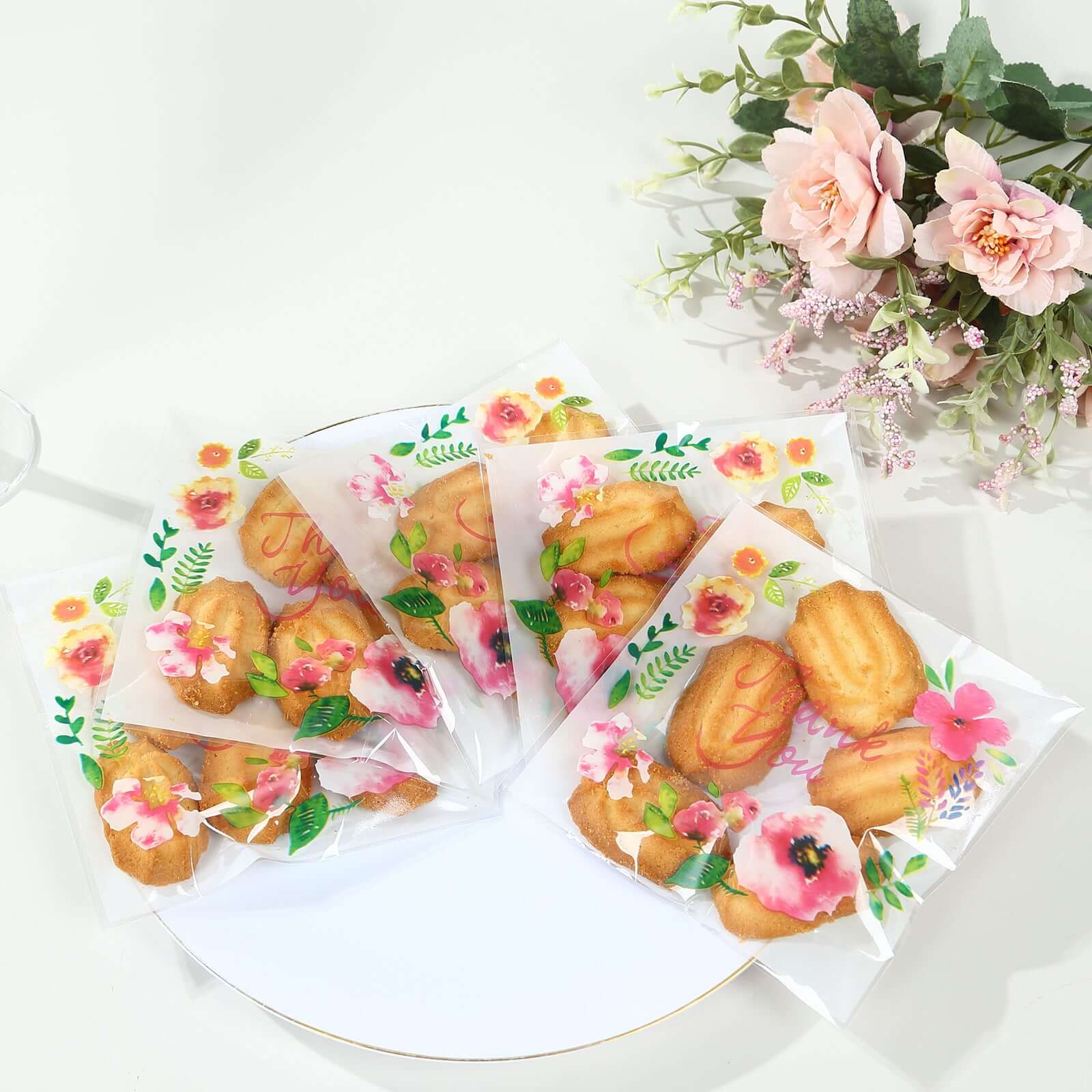 100-Pack PVC Cookie Candy Bags White/Clear - Decorative Self Adhesive Goodie Bags With "Thank You" Print & Floral Accents for Stylish Wedding Birthday Party Favors 6"x7"