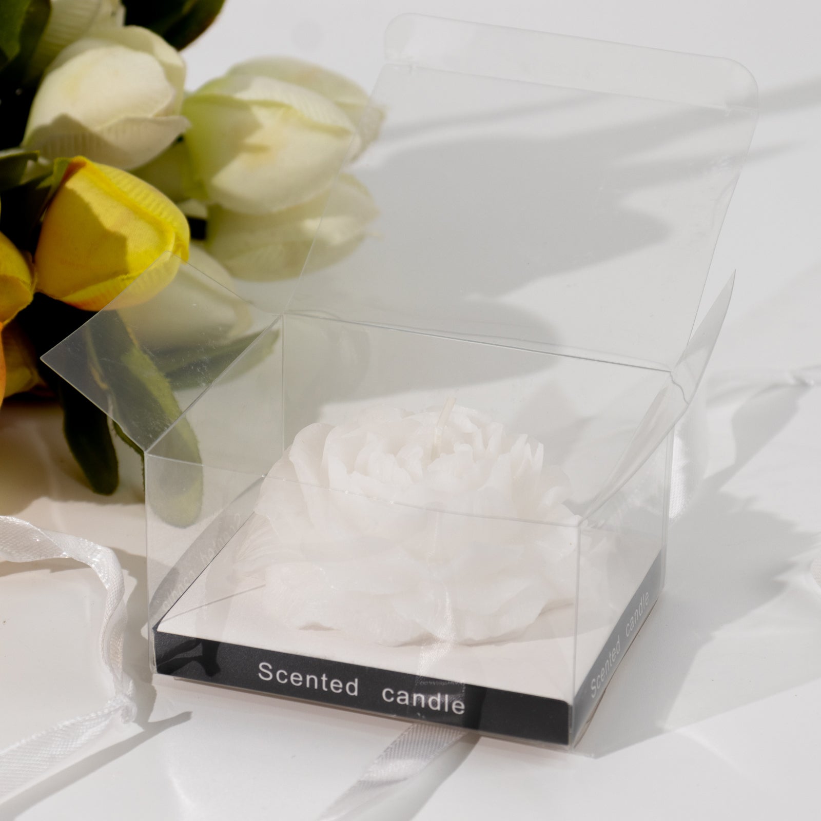 5-Pack Scented Candles Floating Peony Flower Design White Wax - Decorative Party Favors with Individual Gift Boxes & Ribbons 3"