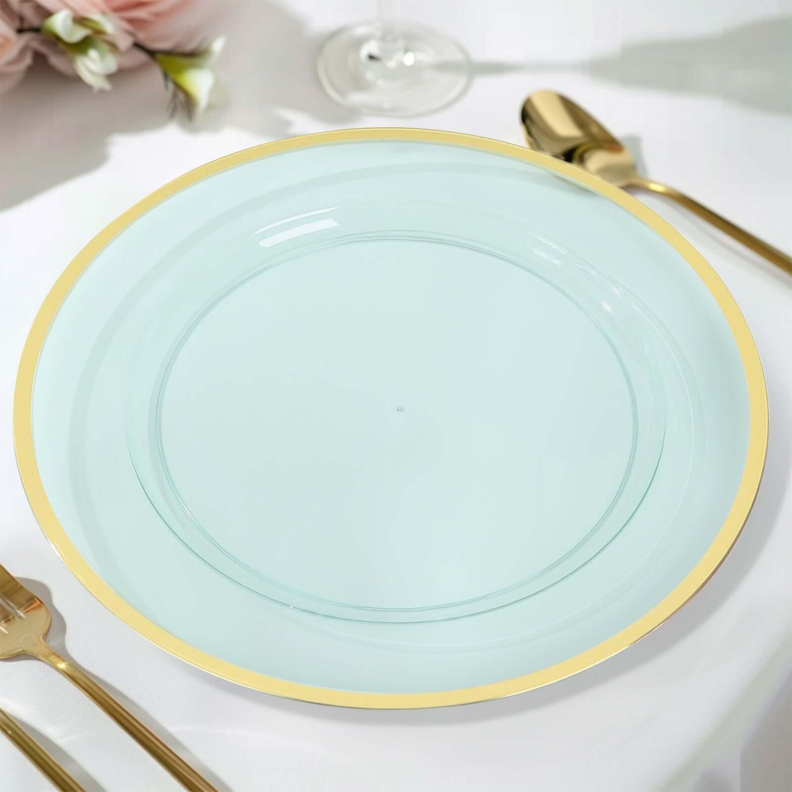 10-Pack Economy Plastic Round Charger Plates 12" in Transparent Blue with Wide Gold Rim, Decorative Dinner Party Serving Plates