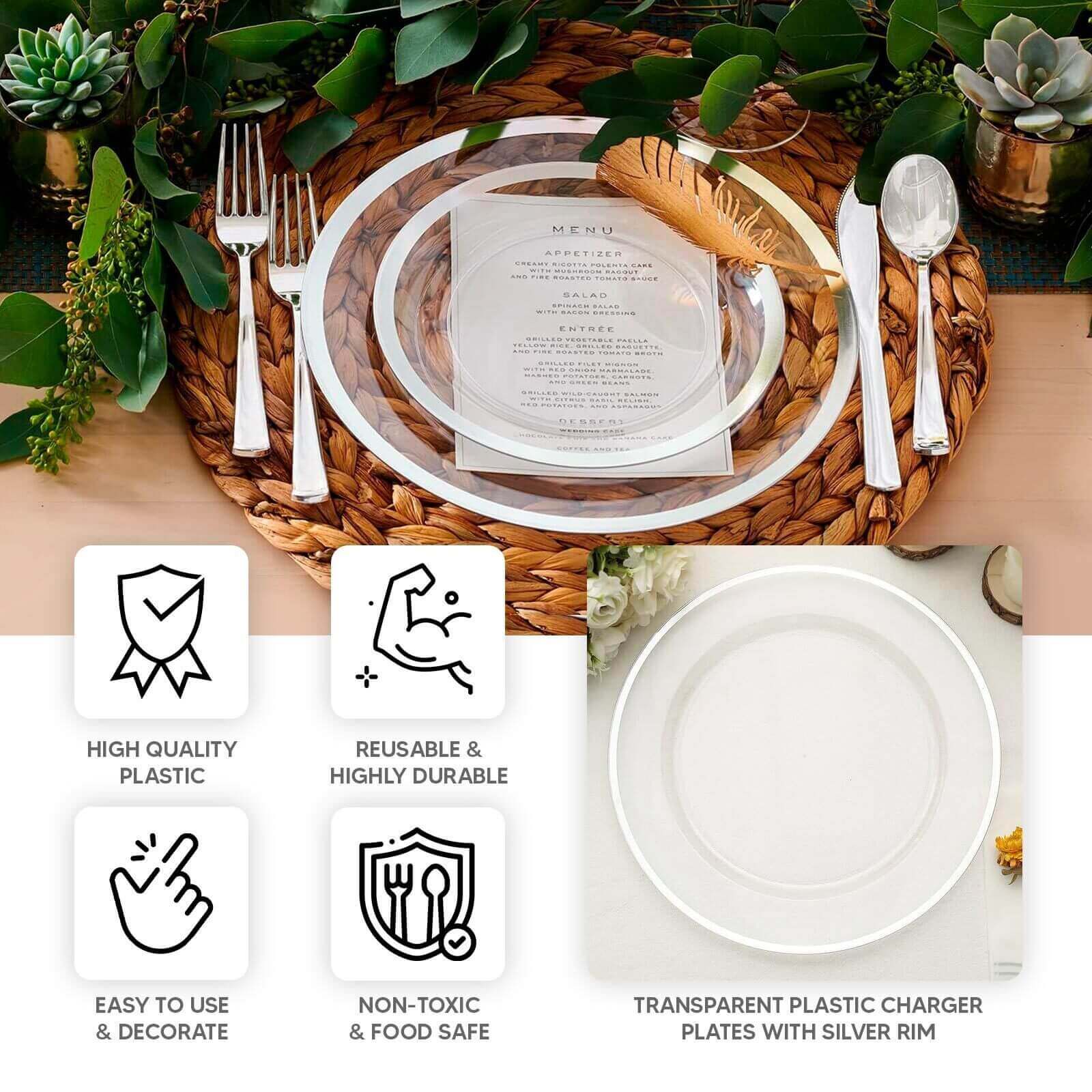 10-Pack Economy Plastic Round Charger Plates 12" in Clear with Wide Silver Rim, Decorative Dinner Party Serving Plates
