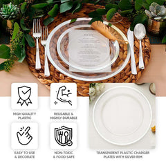 10-Pack Economy Plastic Round Charger Plates 12" in Clear with Wide Silver Rim, Decorative Dinner Party Serving Plates