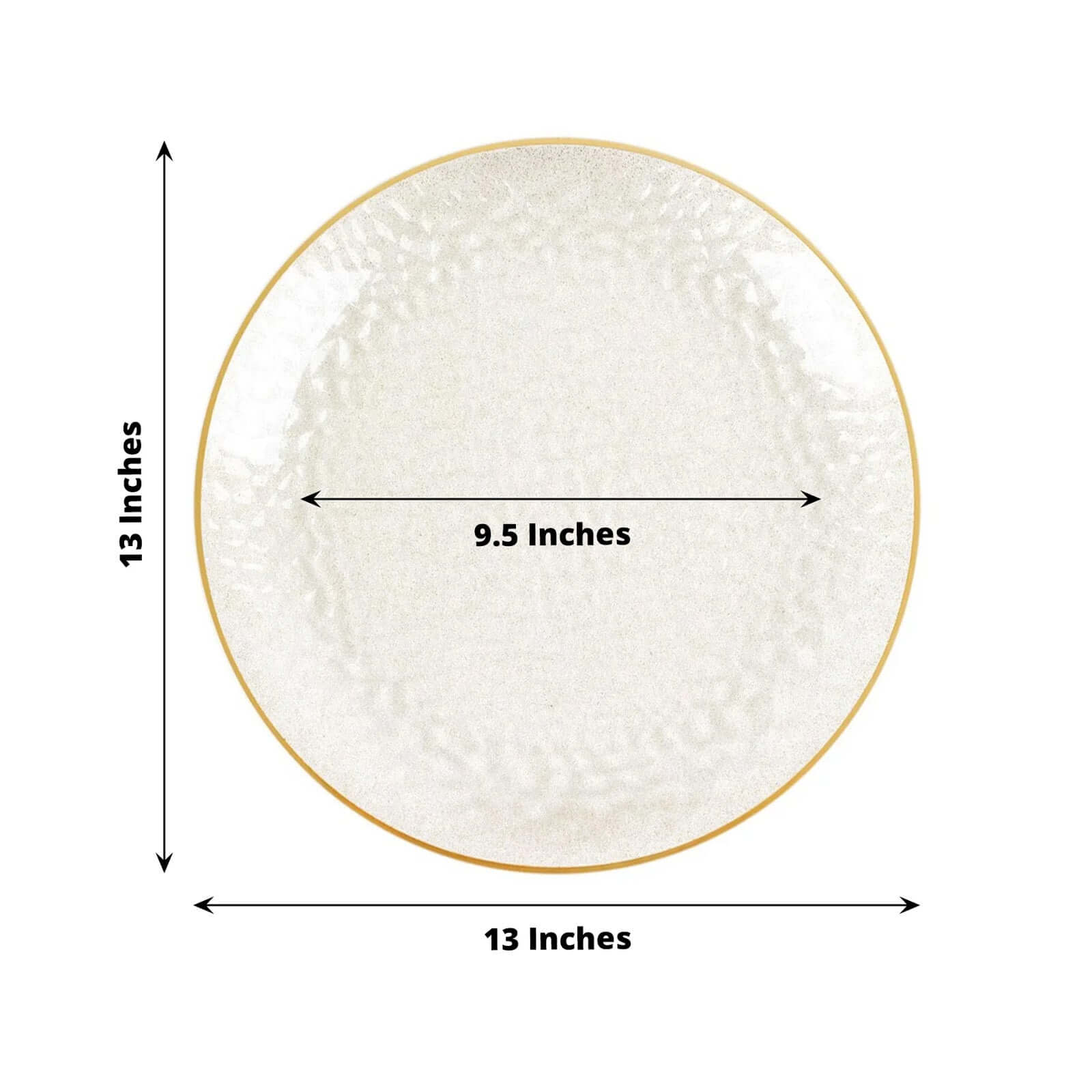 10-Pack Economy Plastic Round Charger Plates 13" in Clear Hammered Design with Glittered Gold Rim - Decorative Dinner Party Serving Plates