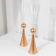 2-Pack Flower Vases Trumpet Design with Crystal Embellishments Clear and Gold - Reversible Plastic Centerpieces for Events 27"