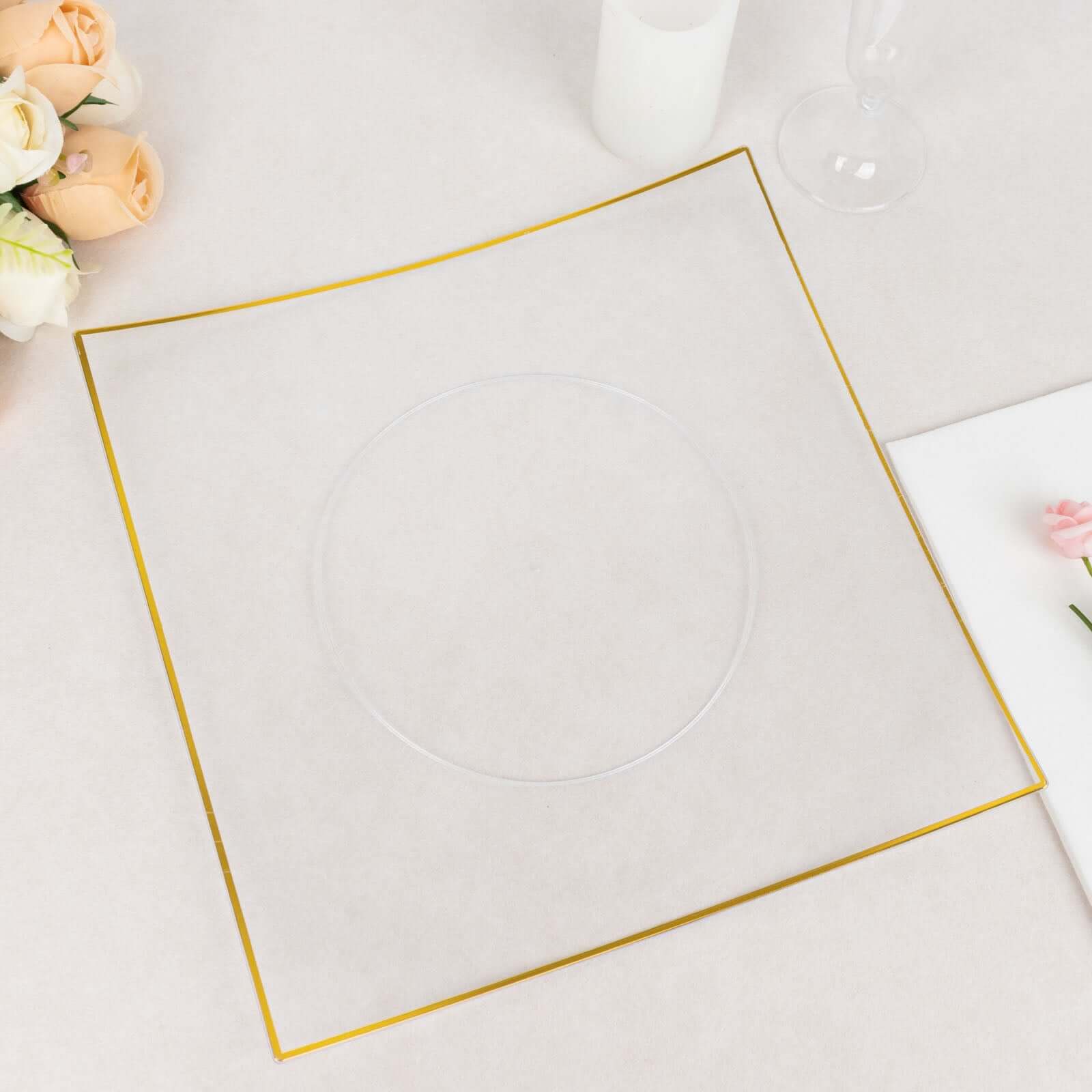 10-Pack Plastic 10" Square Dinner Plates in Clear Concave Style with Gold Rim - Modern Disposable Party Plates