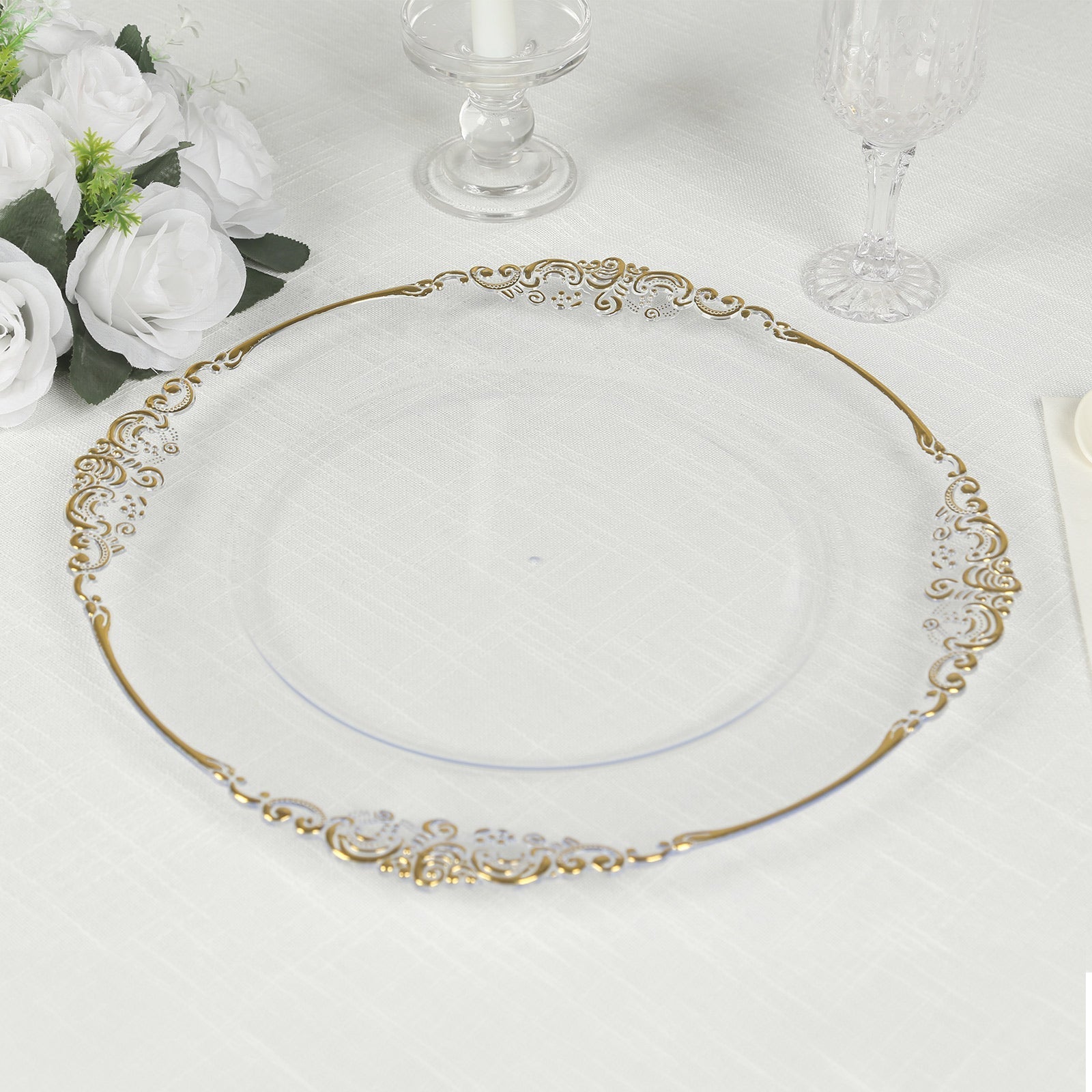 20-Pack Economy Plastic Round Charger Plates 13" in Clear with Gold Embossed Baroque Rim, Stylish Dinner Party Serving Plates