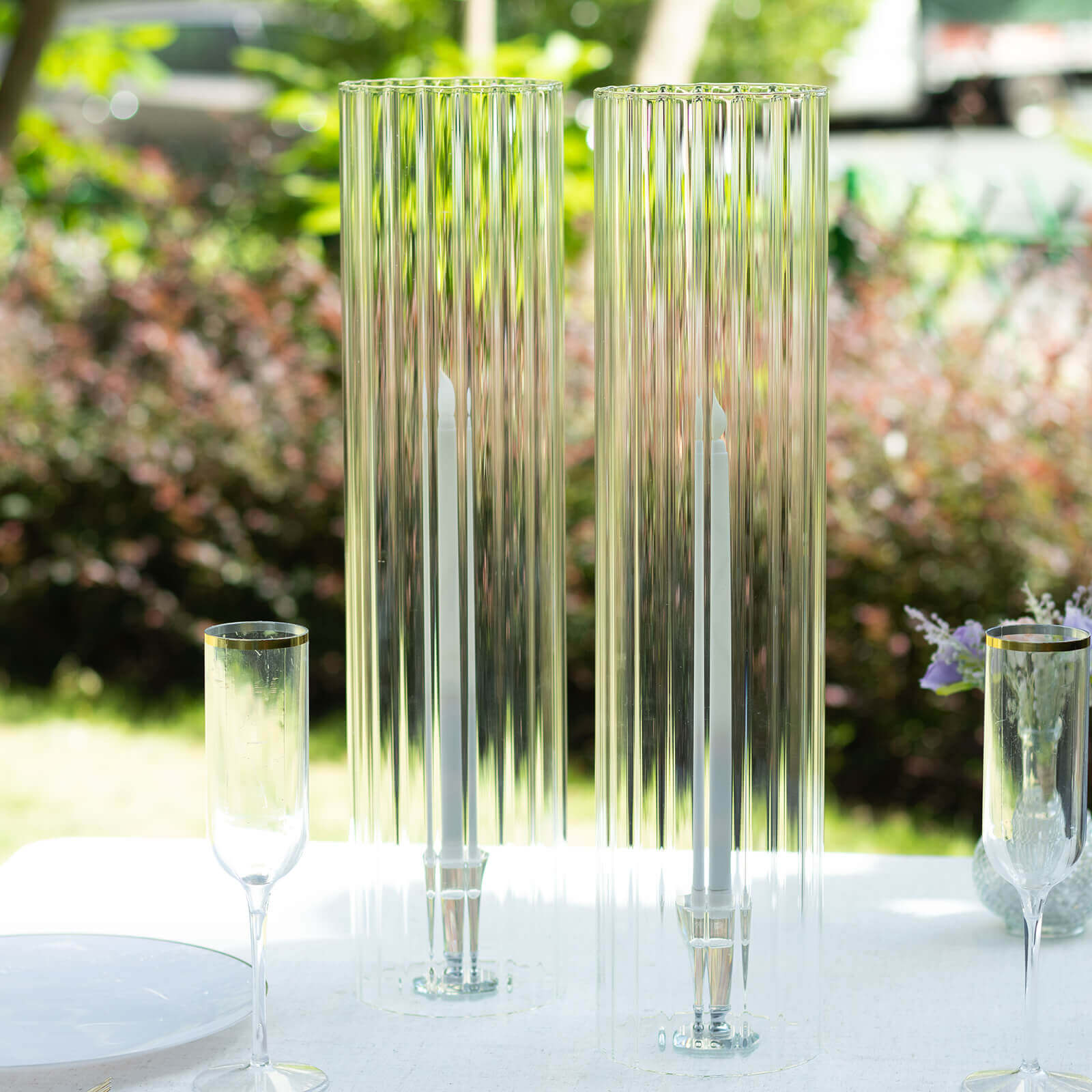 2-Pack Clear Ribbed Glass Hurricane Shades Open End Design - Stylish Candelabra Pillar Candle Holder Table Centerpiece 20"