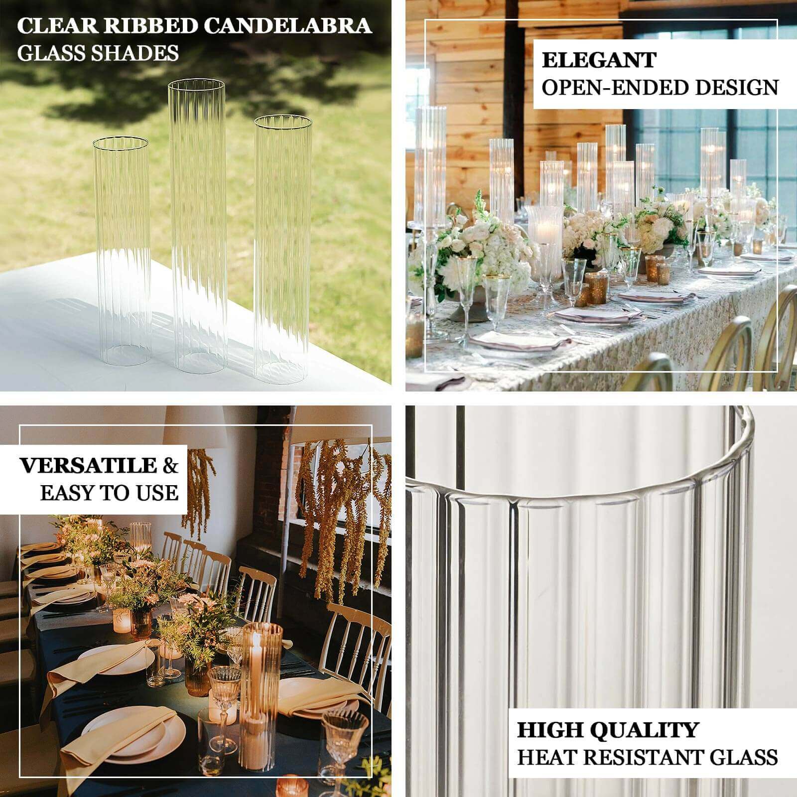 2-Pack Clear Ribbed Glass Hurricane Shades Open End Design - Stylish Candelabra Pillar Candle Holder Table Centerpiece 20"