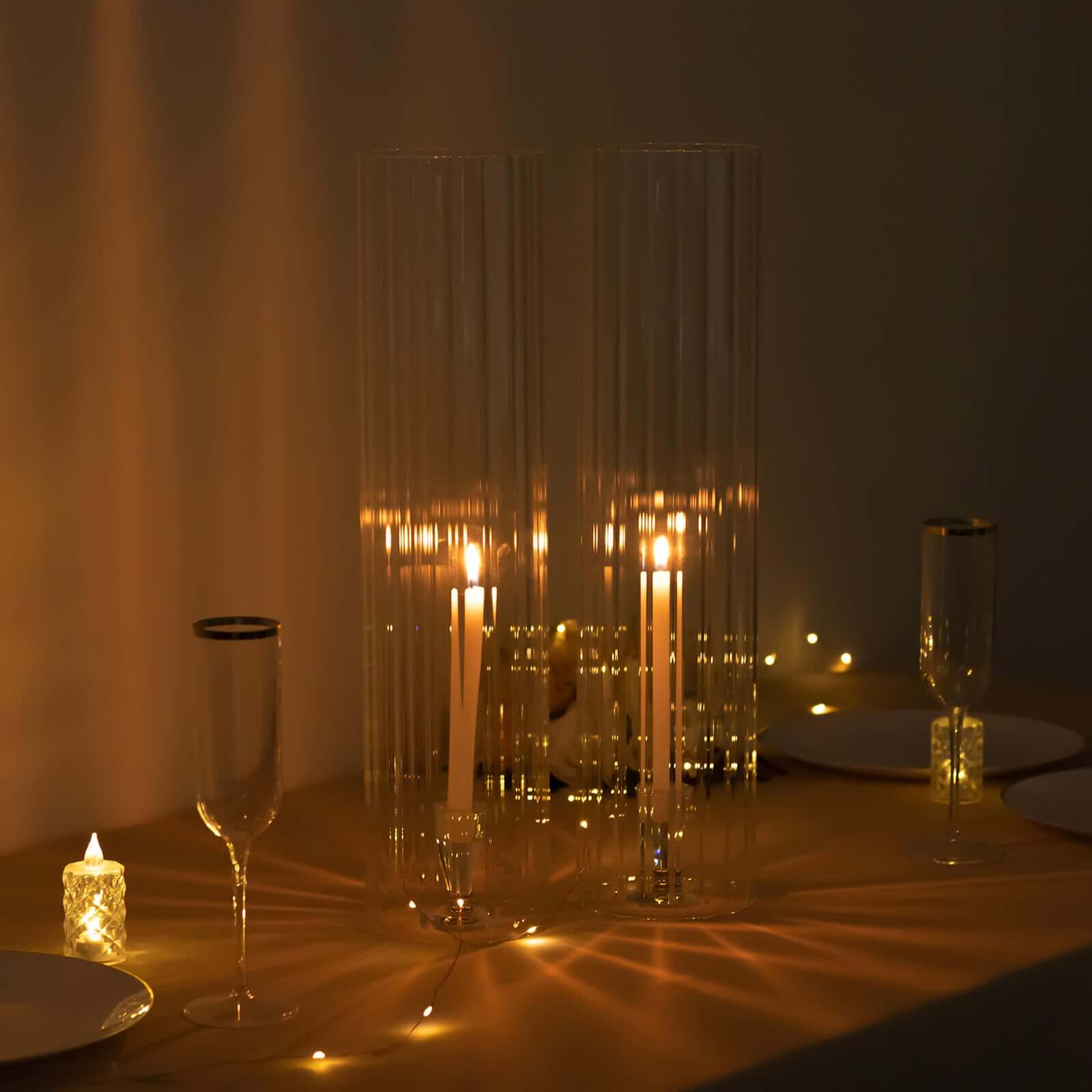 2-Pack Clear Ribbed Glass Hurricane Shades Open End Design - Stylish Candelabra Pillar Candle Holder Table Centerpiece 20"