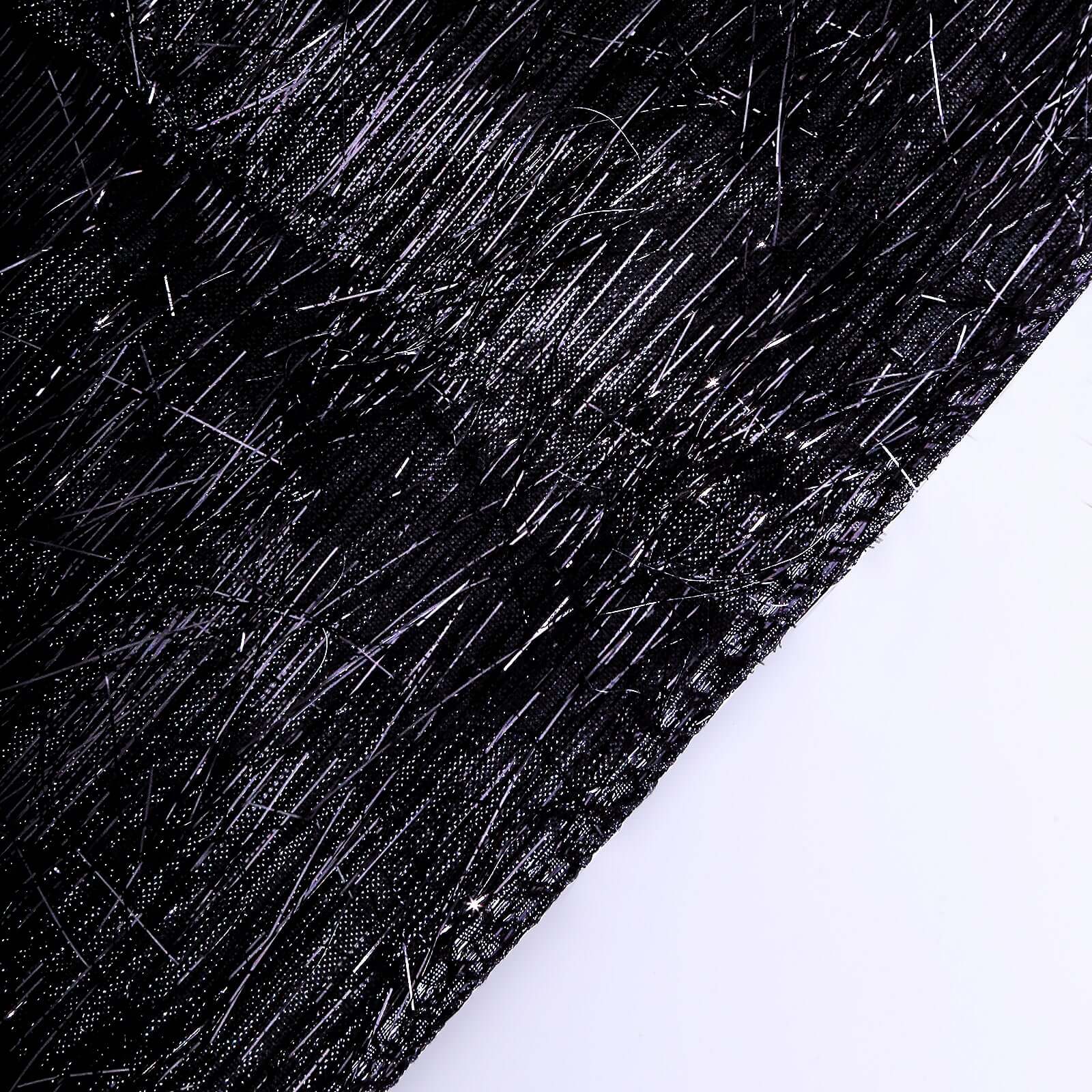 Metallic Tinsel Polyester 12"x108" Table Runner Black - Shimmery Fringe Shag Table Decor