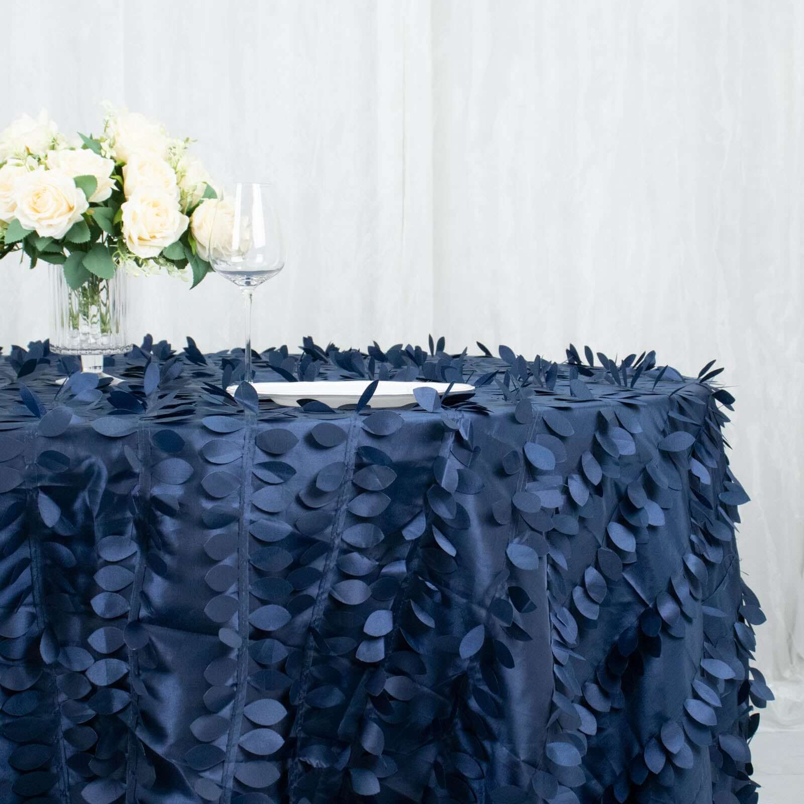 Taffeta 132" Round Tablecloth Navy Blue | 3D Leaf Petal Design Seamless Table Cover
