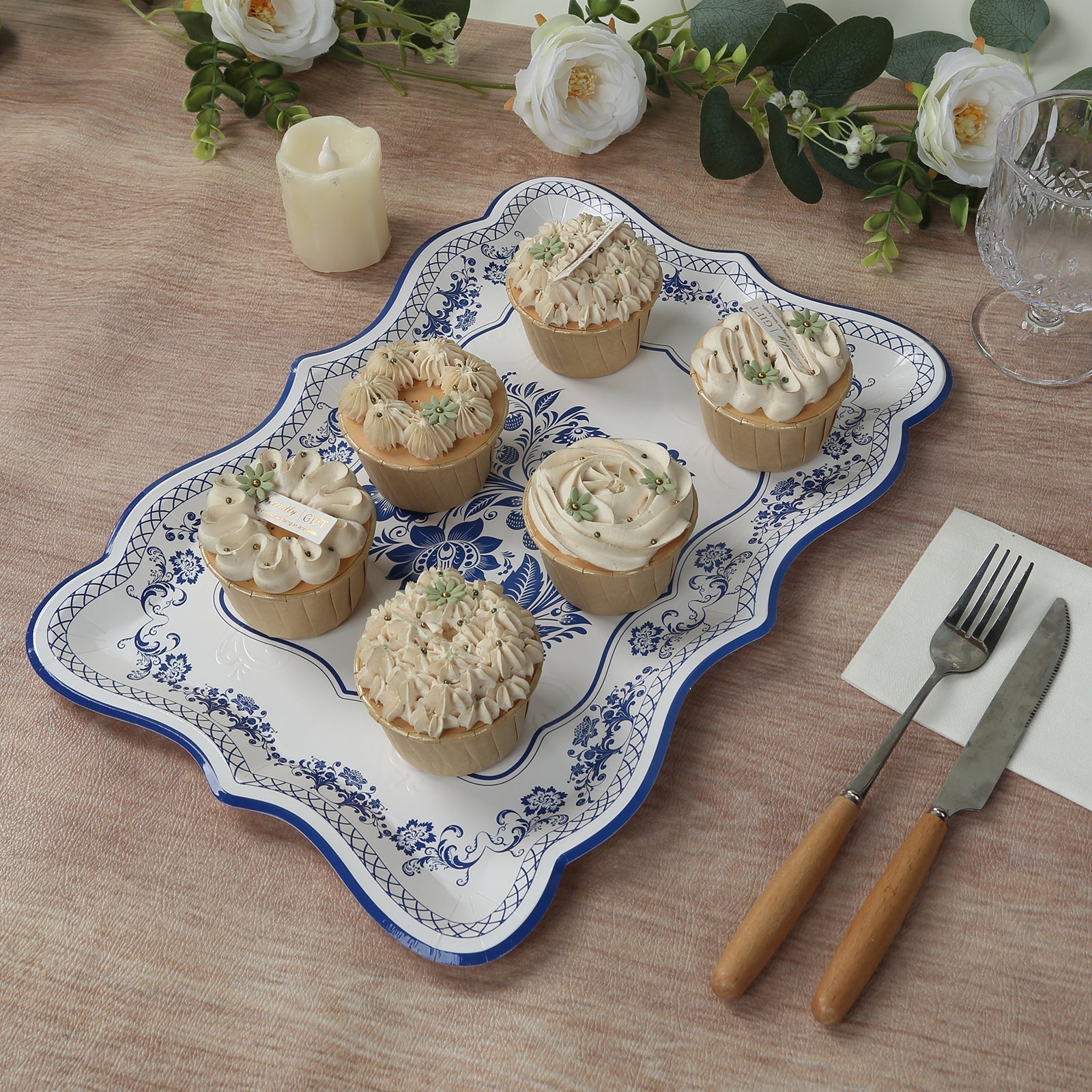 10-Pack Paper 14"x10" Rectangle Serving Trays White Royal Blue Damask Floral Pattern for Weddings & Parties