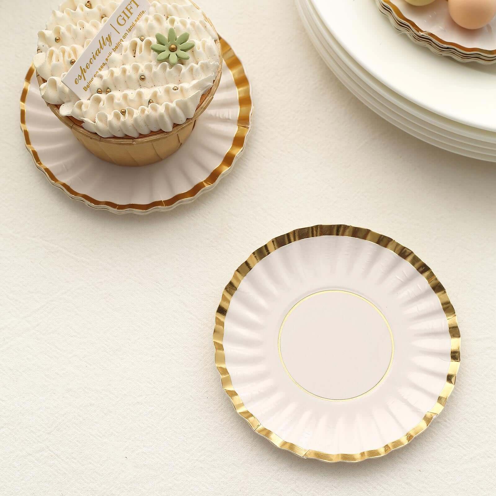 50-Pack Paper 3.5" Round Party Plates in White with Gold Scalloped Rim - Disposable Mini 250GSM Dessert Plates for Tapas, Appetizers & Finger Foods