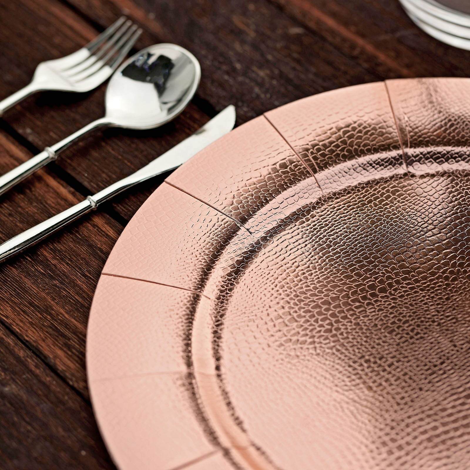 10-Pack Disposable Round Charger Plates in Rose Gold with Leathery Texture - Durable 1100GSM Cardboard Placemats 13"