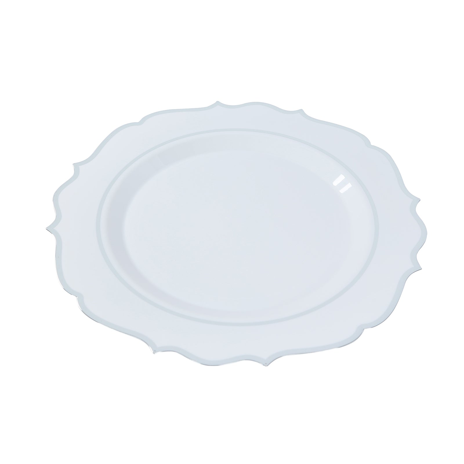 10-Pack Economy Plastic Round Charger Plates 13" in White with Silver Scalloped Rim, Decorative Dinner Party Serving Plates
