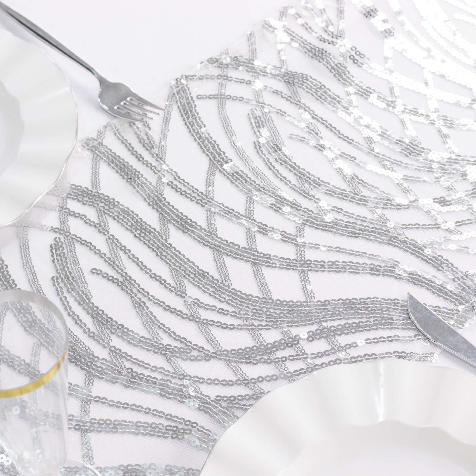 Sequin Mesh 12"x108" Table Runner Silver Stylish Wave Embroidery