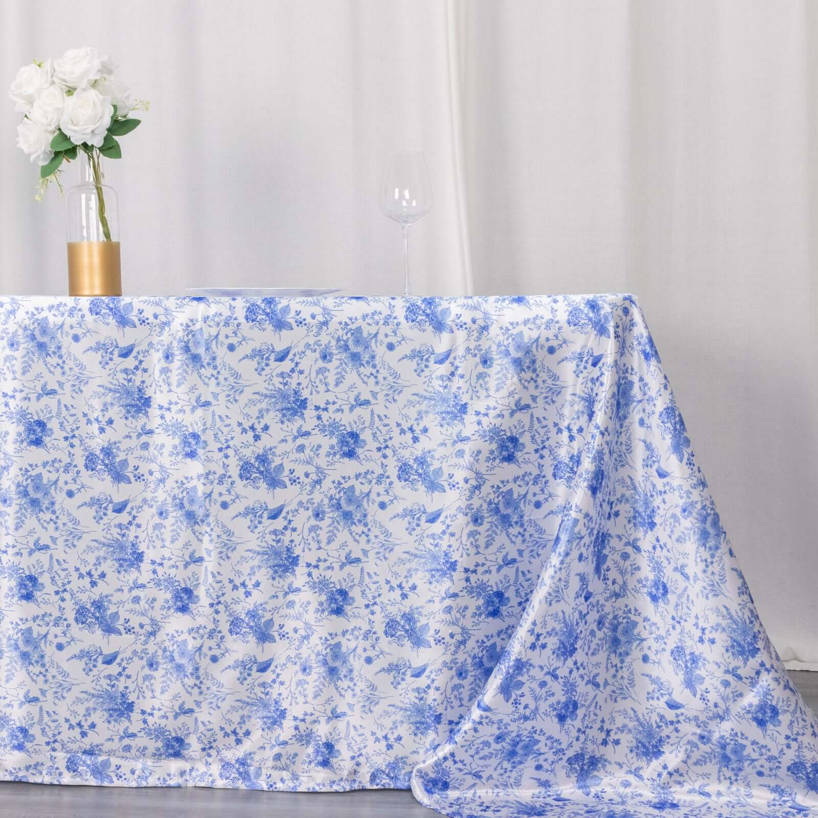 Satin Rectangular 90"x156" Tablecloth White/Blue French Toile Design - Seamless Stylish & Wrinkle-Resistant Table Cover