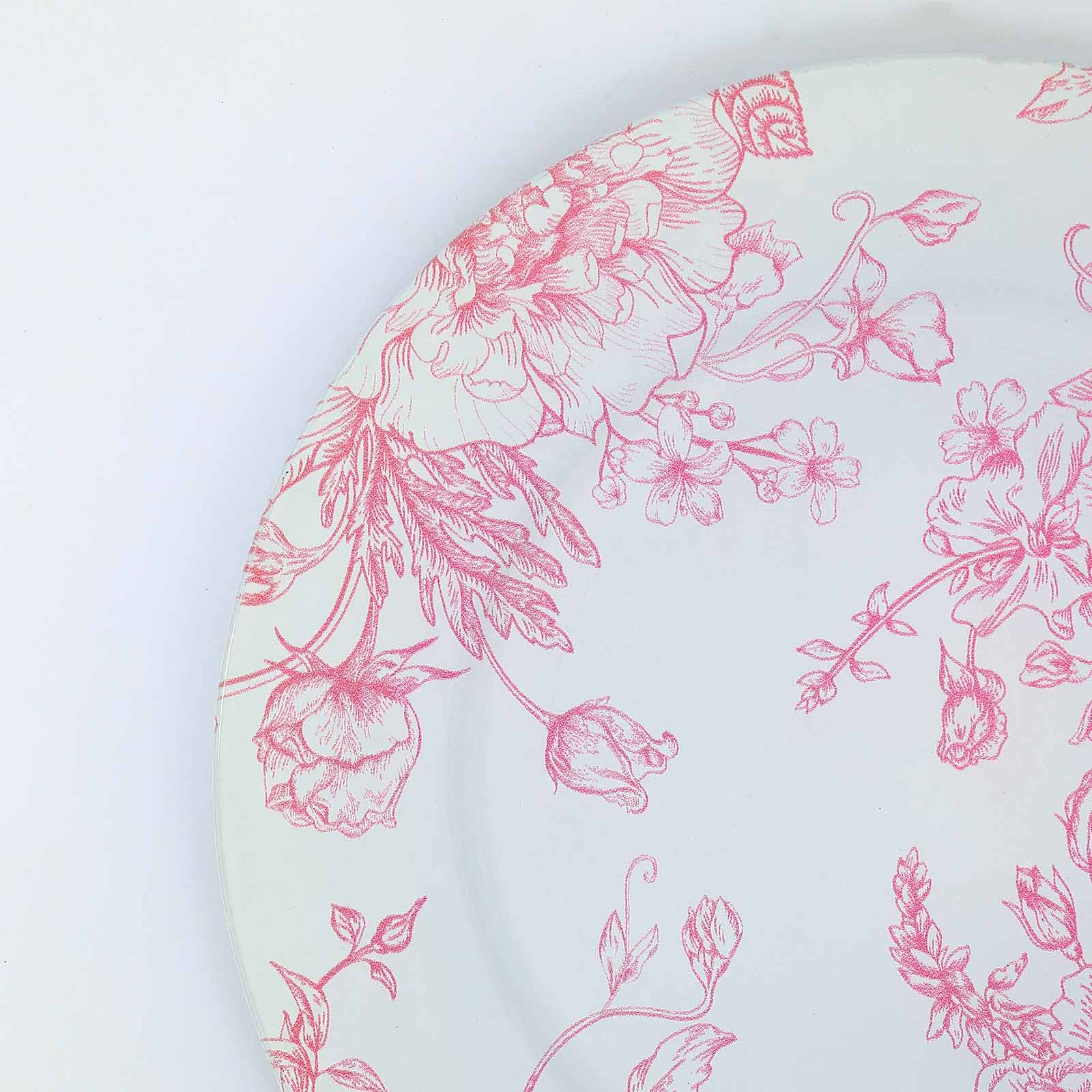 6-Pack Acrylic Round Charger Plates 13" in White with Pink Floral French Toile Pattern, Decorative Dinner Party Charger Tableware