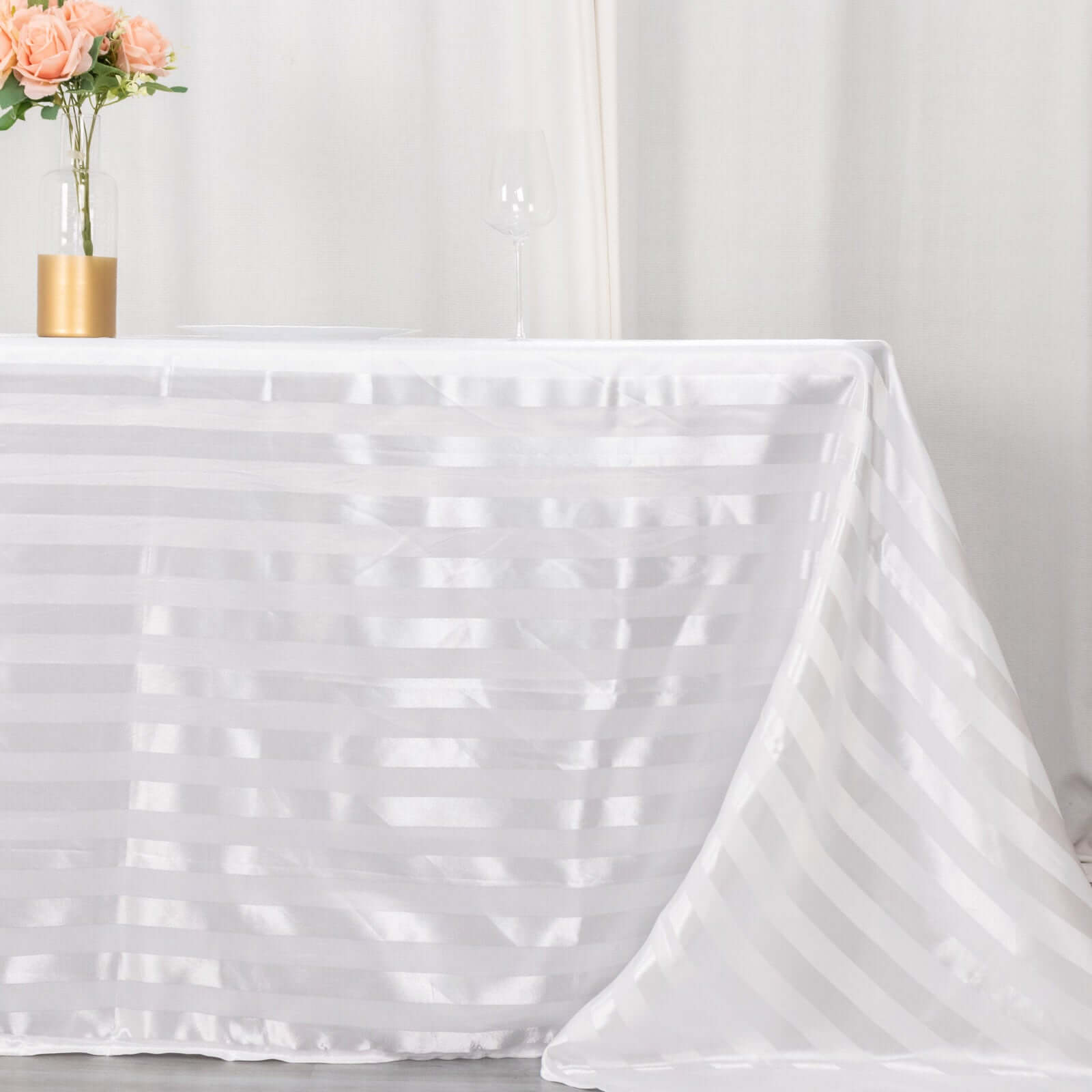 Satin Striped 90"x132" Rectangular Tablecloth White - Seamless Silky Smooth Wedding Decor