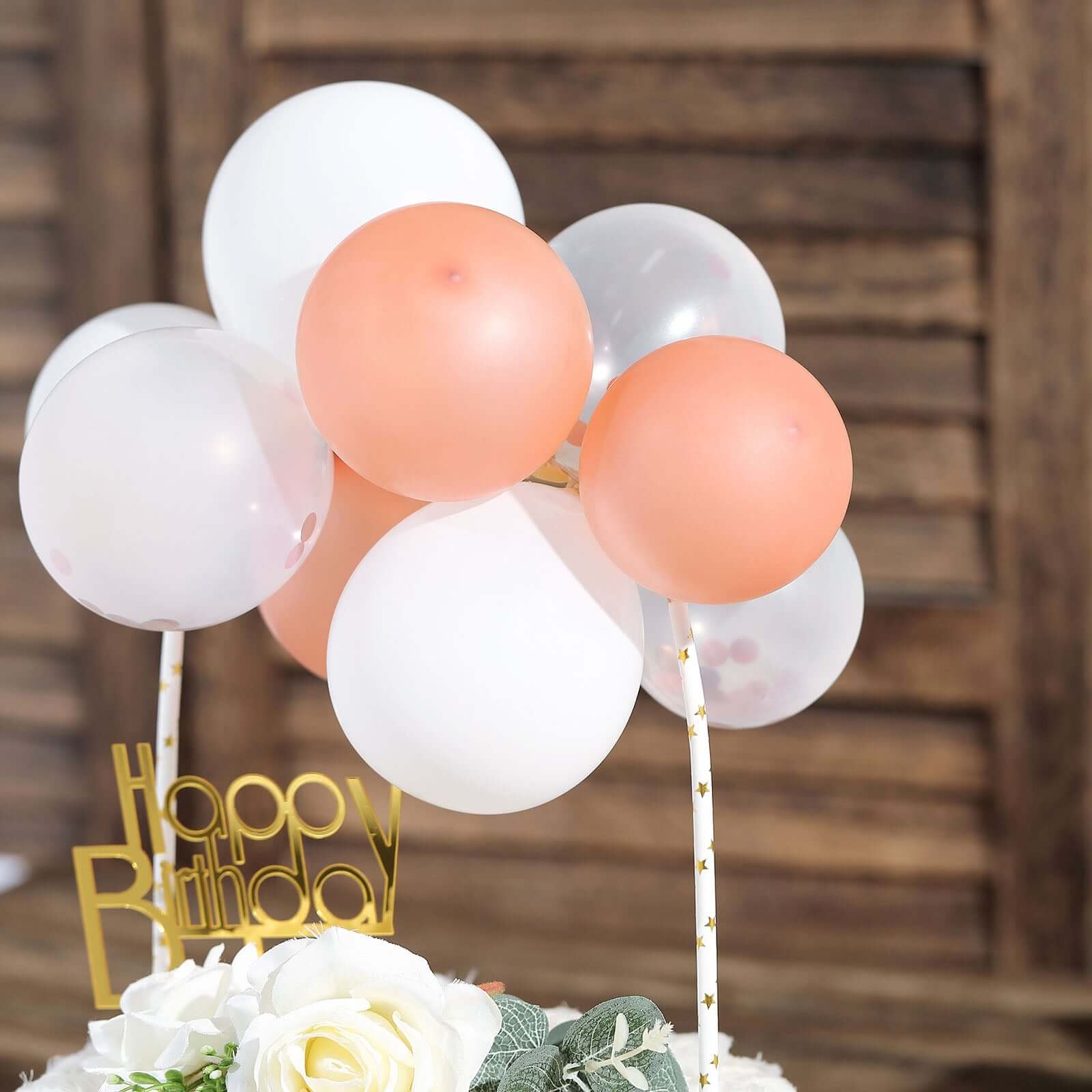 11 Pcs Balloon Cake Topper Clear, Rose Gold and White - Whimsical Clustered Mini Garland Cake Inserts DIY Party Decorations
