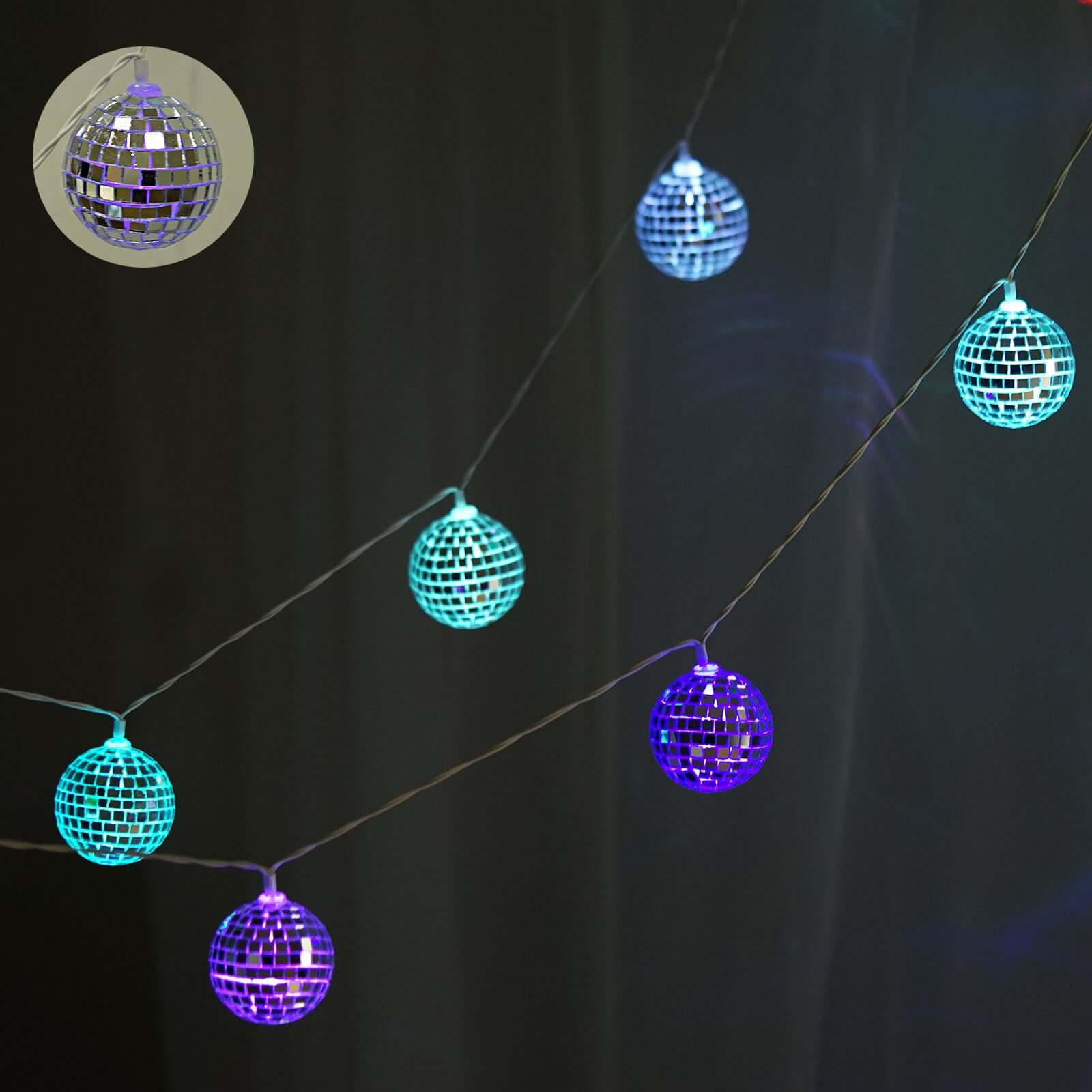 15 LED String Light Garland Silver Disco Mirror Ball Multicolor - Battery Operated for Events 6ft