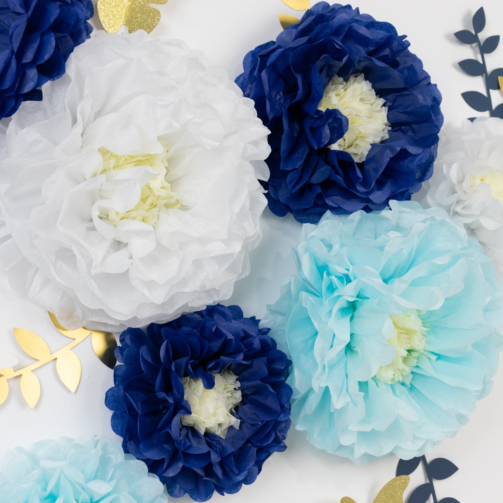 Set of 21 Tissue Paper Flowers Pom Poms Decor Kit – White Blue 3D Chrysanth Floral Wall Decor with Butterflies & Olive Leaves - 8",10",12"