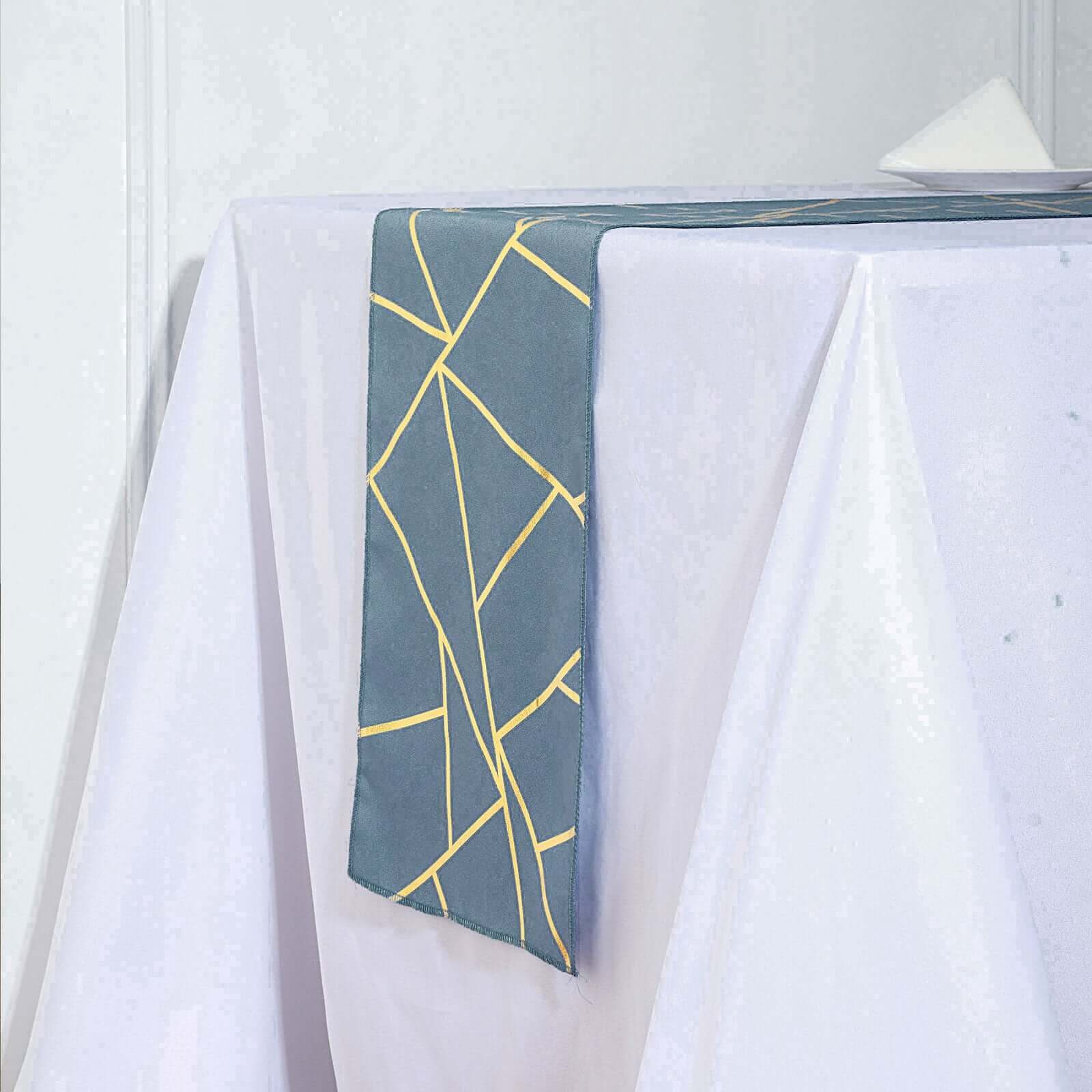 Polyester 9ft Table Runner Dusty Blue with Gold Foil Modern Geometric Accent