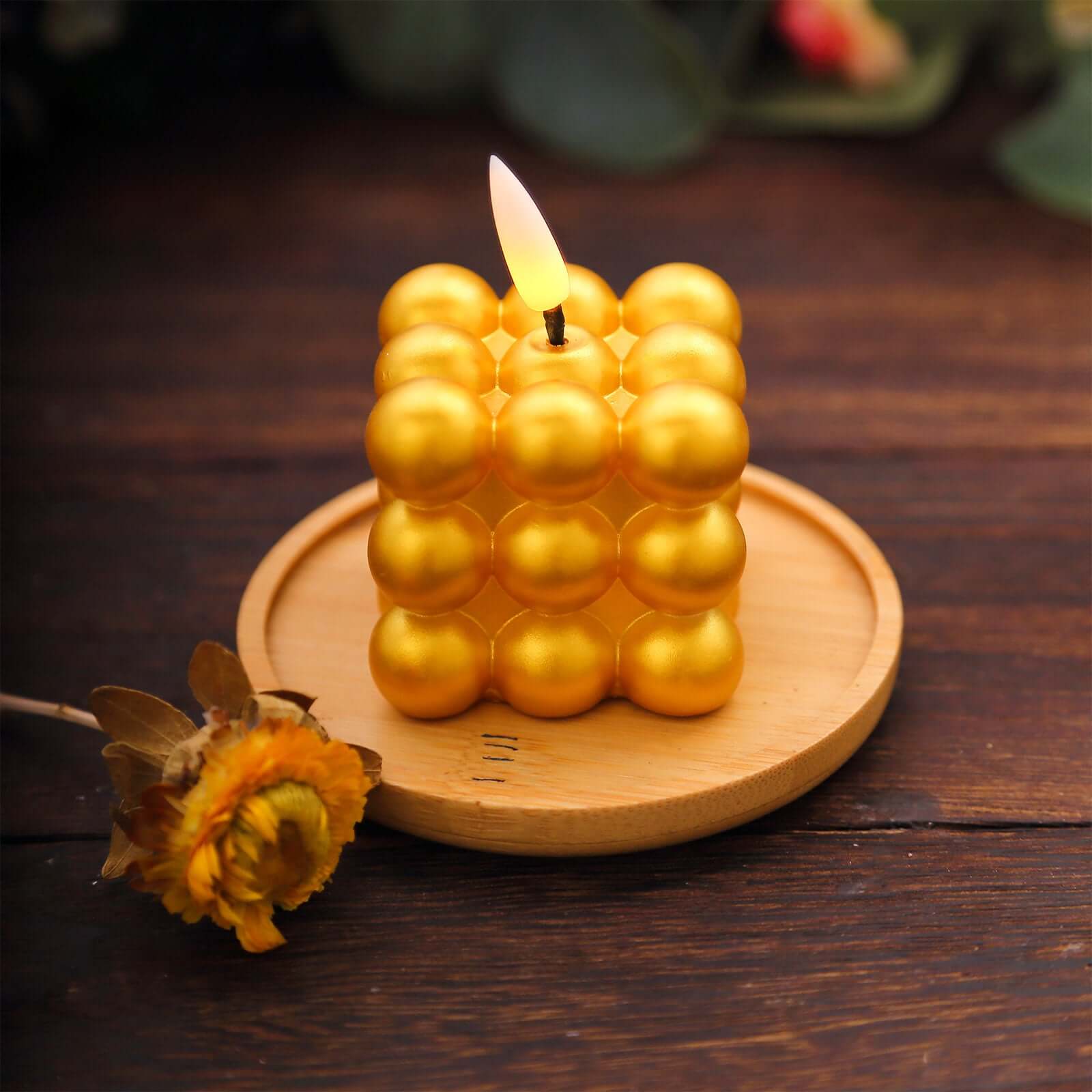 2-Pack LED Flameless Cube Candles Mini Bubble Metallic Gold - Battery Operated 2"