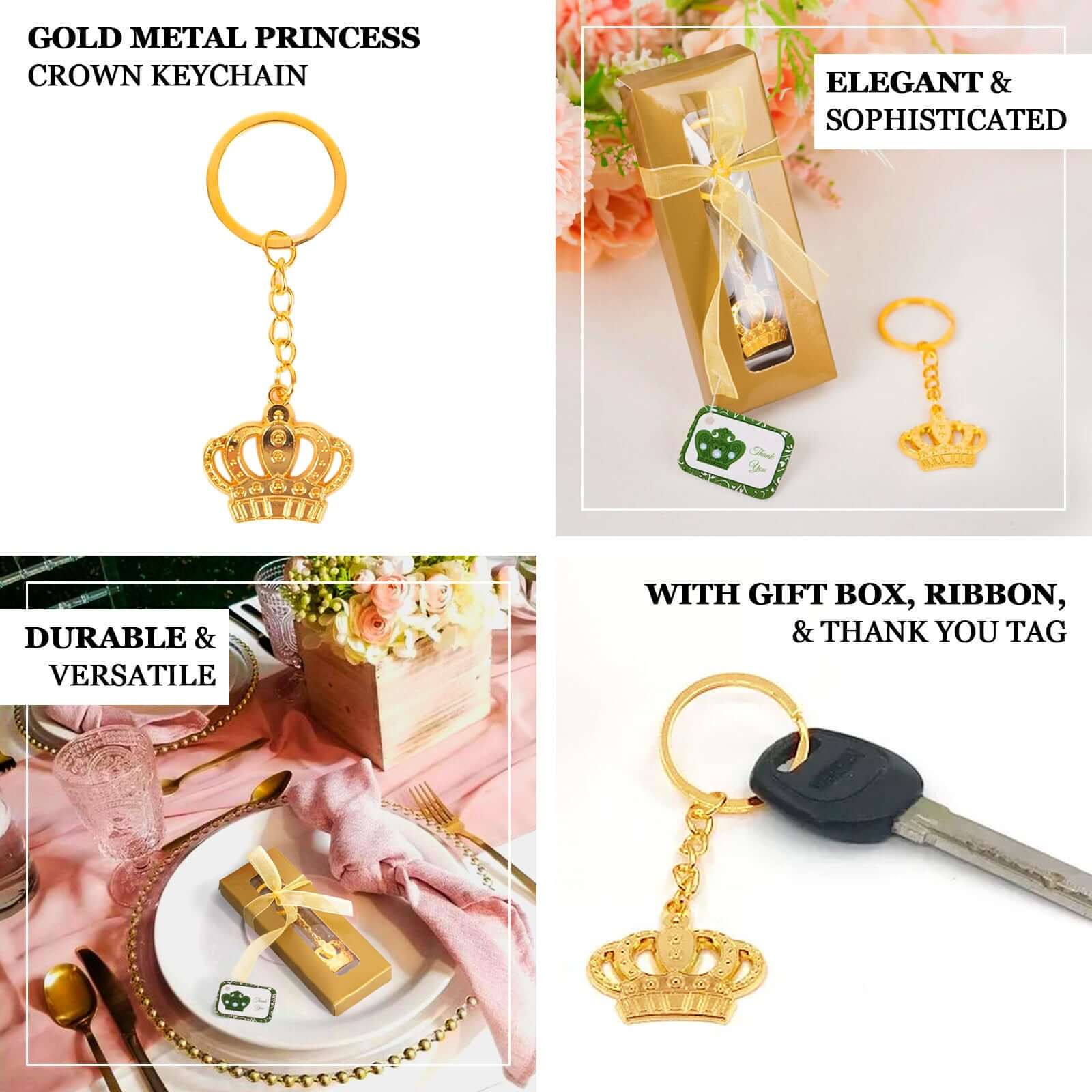 5 Pack Gold Metal Princess Crown Keychain Party Favor Souvenir, 3" Pre-Packed Wedding Bridal Shower Favor Gift Box With Ribbon & Thank You Tag