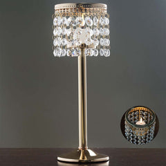 Crystal Beaded Chandelier Metal Candle Holder Gold - Sophisticated Pillar Tealight Stand 12"