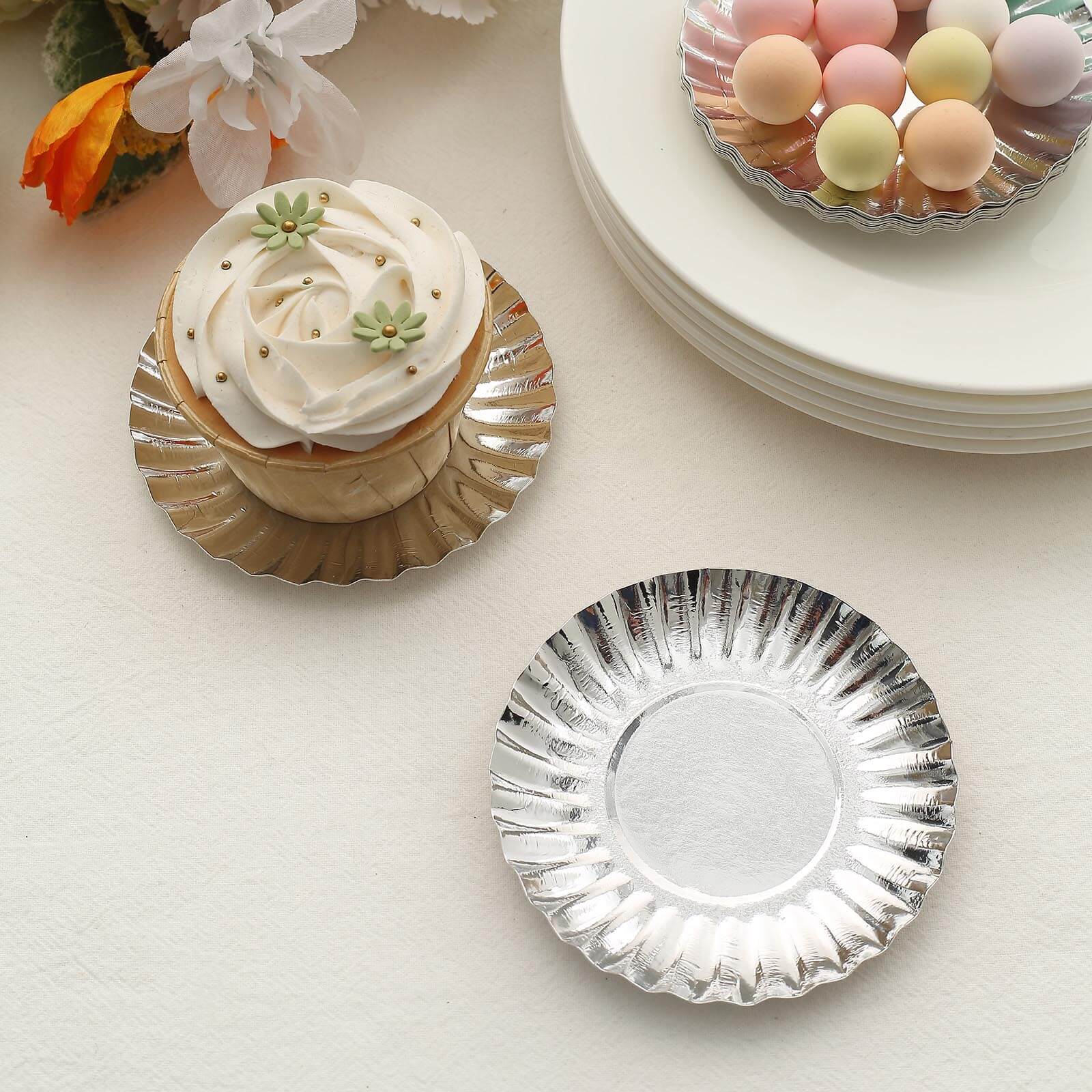50-Pack Paper 3.5" Round Party Plates in Metallic Silver with Scalloped Rim - Disposable Mini 250GSM Dessert Plates for Tapas, Appetizers & Finger Foods