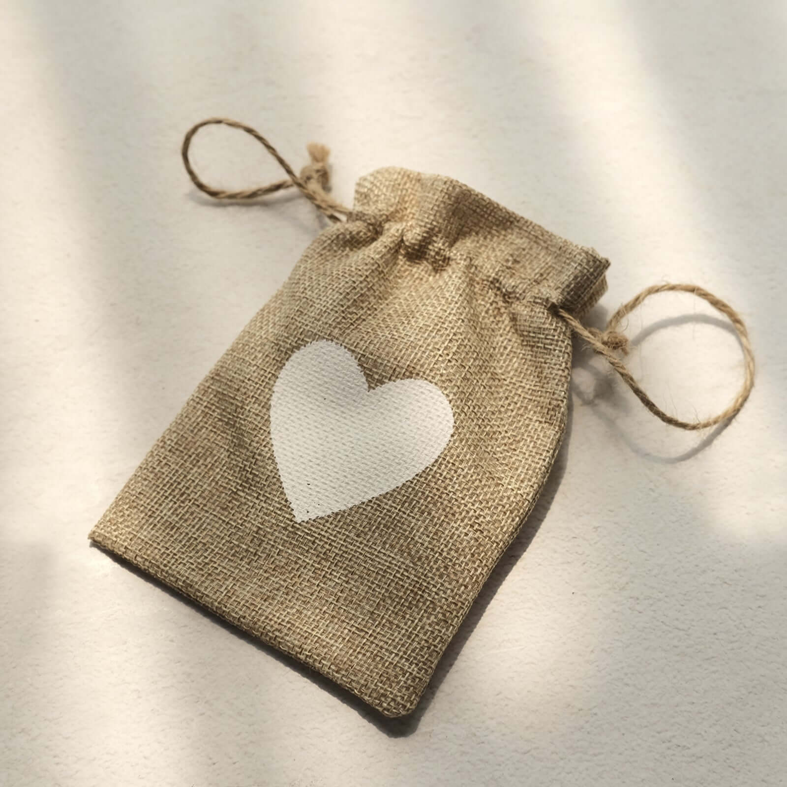 20 Pack 4"x5" Natural Ivory Heart Design Jute Burlap Gift Bags With Drawstring, Rustic Wedding Party Favor Bags