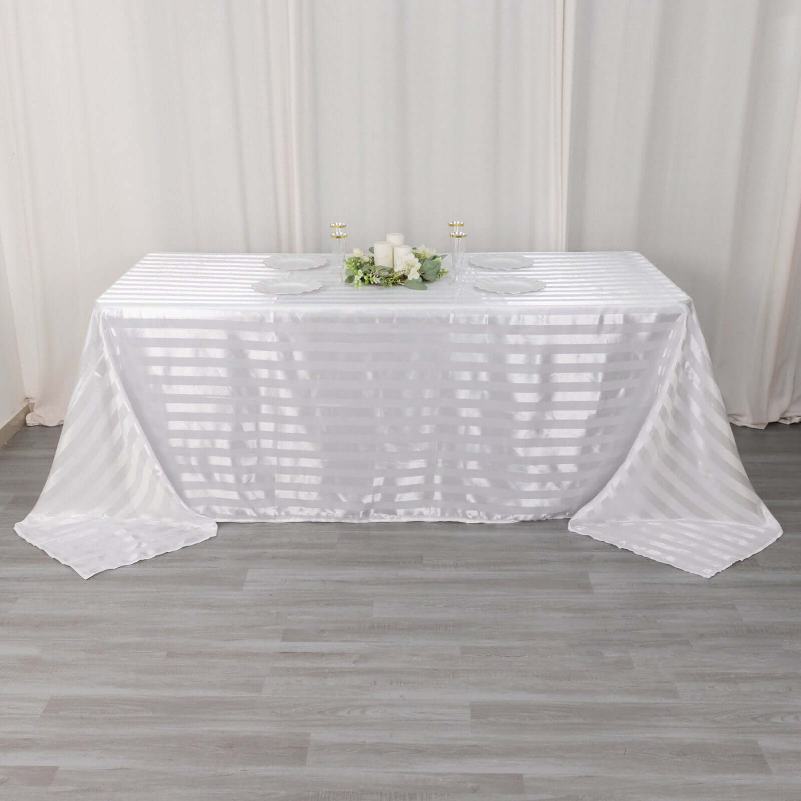 Satin Striped 90"x132" Rectangular Tablecloth White - Seamless Silky Smooth Wedding Decor