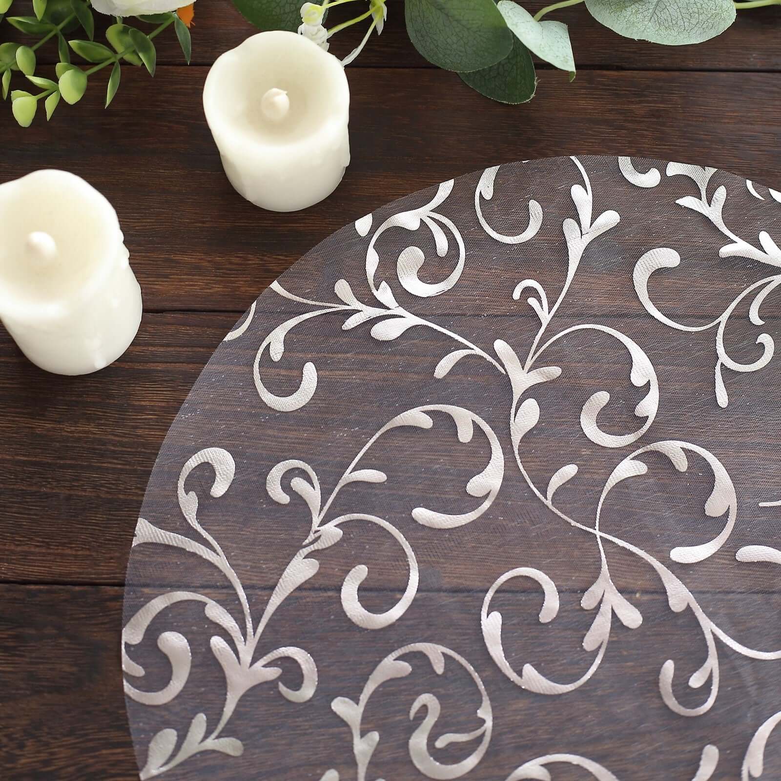 10-Pack Table Placemats Embossed Foil Flower Design Metallic Silver Round - Sheer Organza Disposable Mats 13"