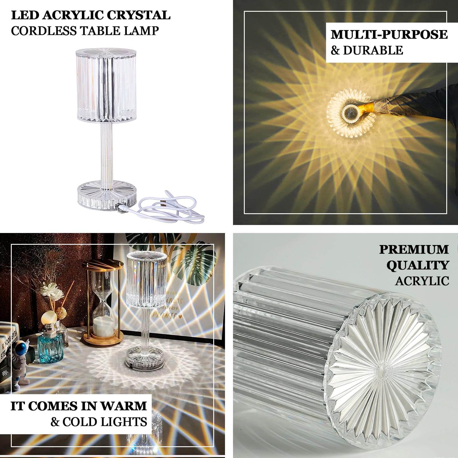 LED Acrylic Table Lamp Cylinder Design Color Changing - Rechargeable Cordless RGB Touch Control Light 10"