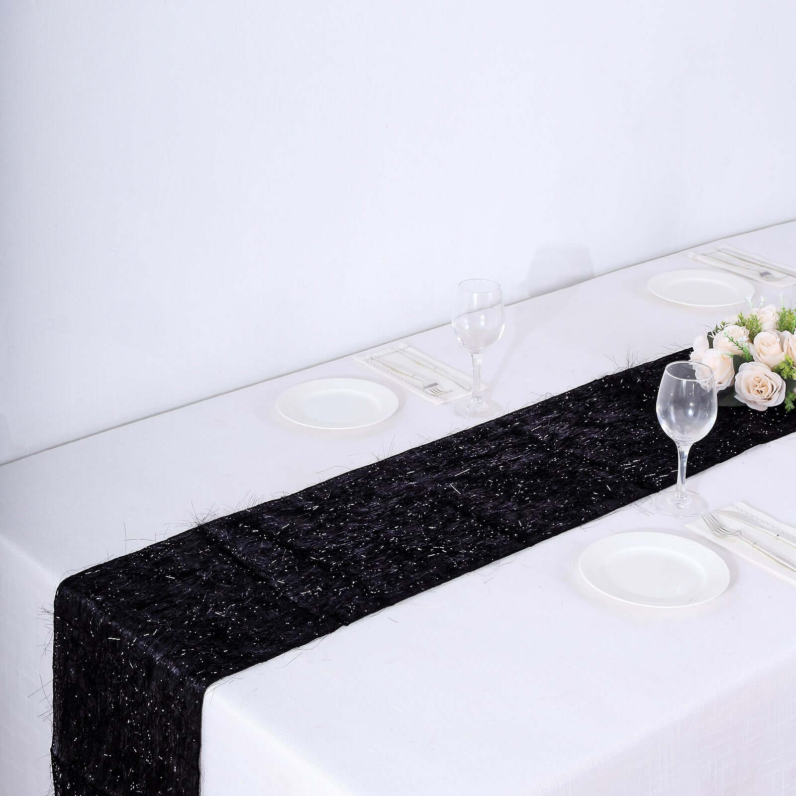 Metallic Tinsel Polyester 12"x108" Table Runner Black - Shimmery Fringe Shag Table Decor
