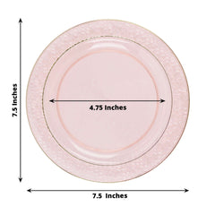 10-Pack Plastic 7.5" Round Appetizer Plates in Blush Hammered Design with Gold Rim - Disposable Salad Plates for Chic Banquets & Special Occasions