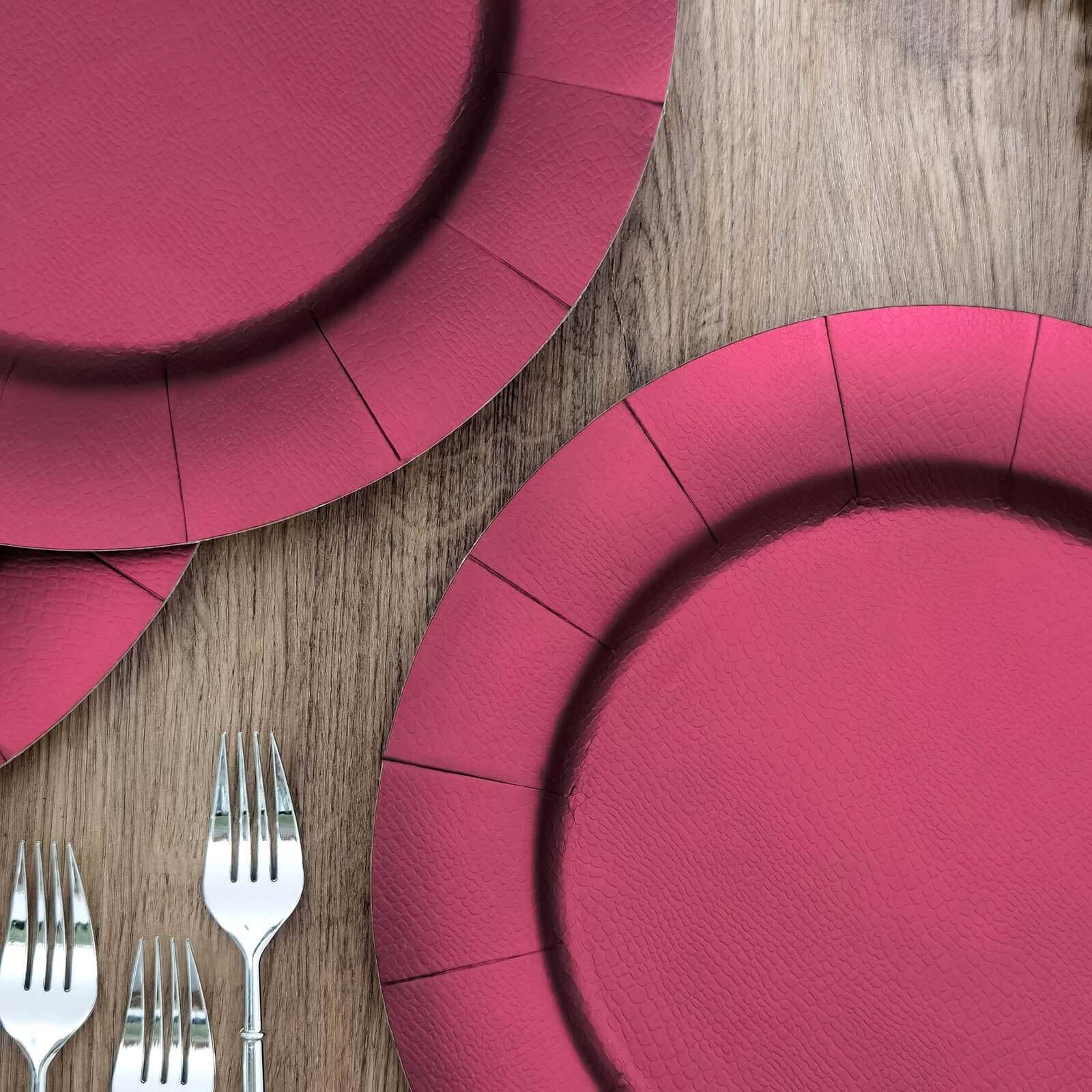10-Pack Disposable Round Charger Plates in Burgundy with Leathery Texture - Durable 1100GSM Cardboard Placemats 13"