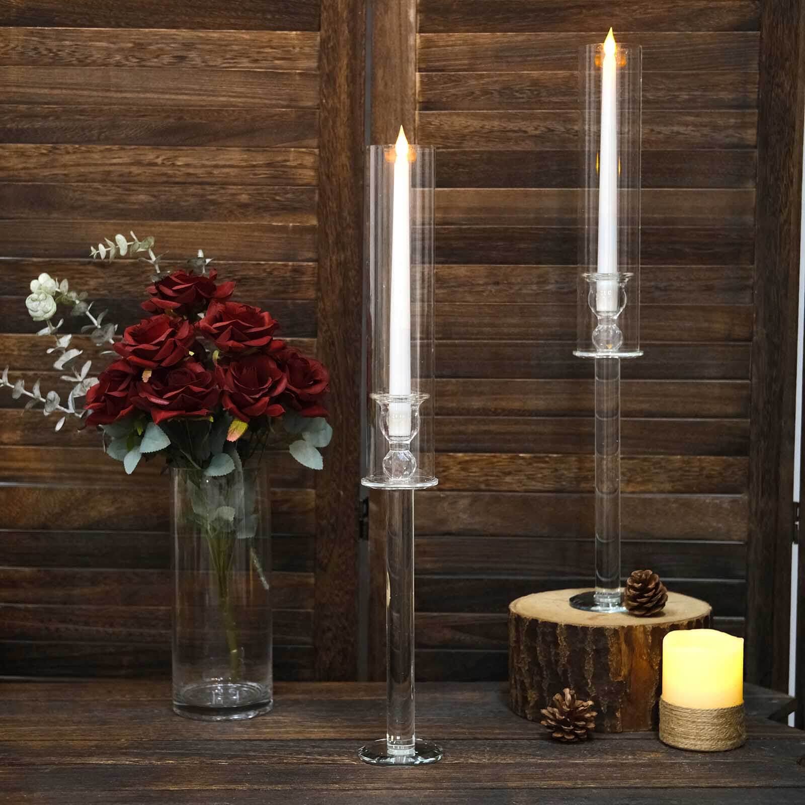 2-Pack Crystal Glass Hurricane Taper Candle Holders, Tall Decorative Candle Stands Clear Cylinder Chimney Tubes 22"
