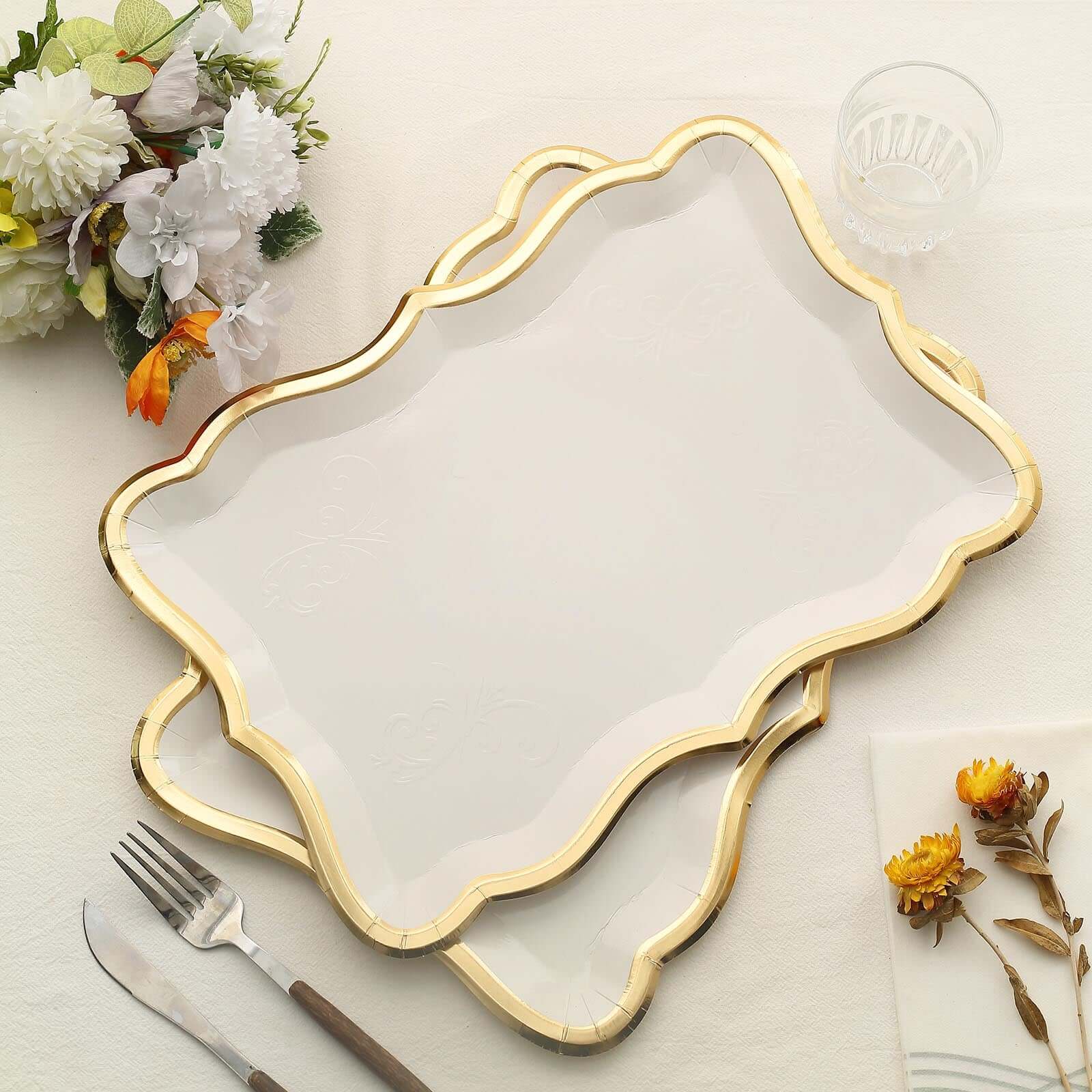 10-Pack Paper 14"x10" Rectangle Serving Trays White with Gold Rim for Weddings & Parties