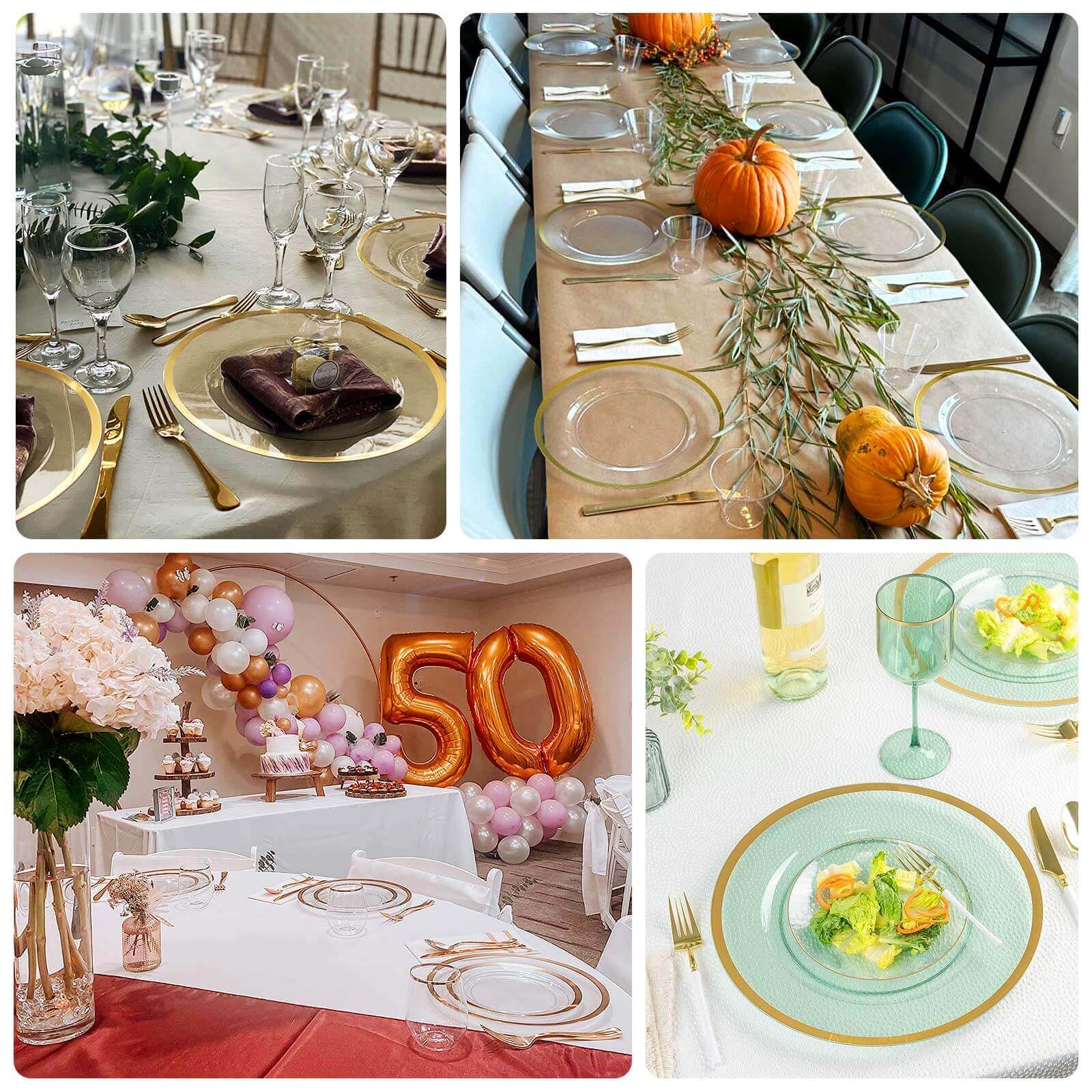 10-Pack Economy Plastic Round Charger Plates 12" in Dusty Sage Green with Wide Gold Rim, Decorative Dinner Party Serving Plates