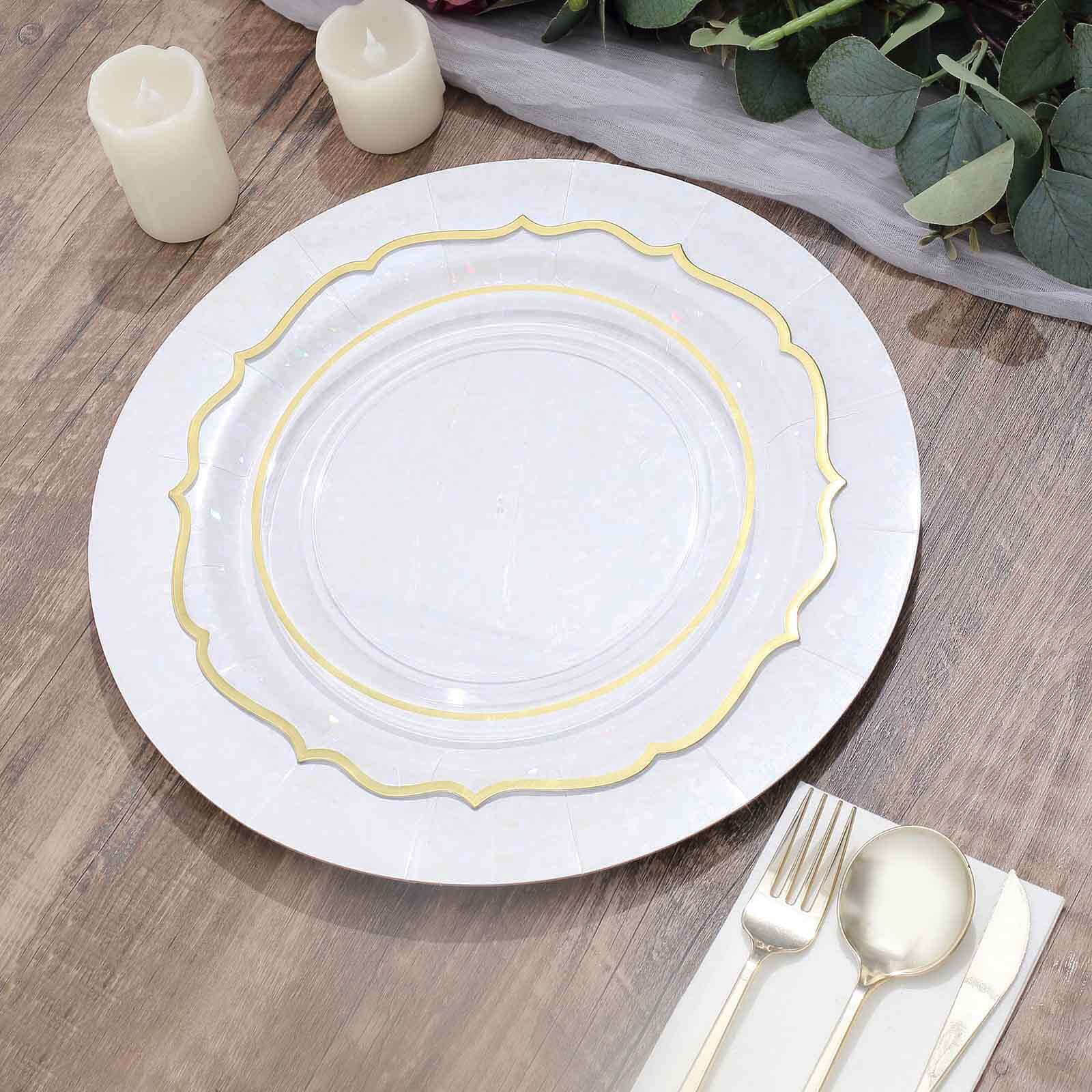 10-Pack Disposable Round Charger Plates in Iridescent with Leathery Texture - Durable 1100GSM Cardboard Placemats 13"