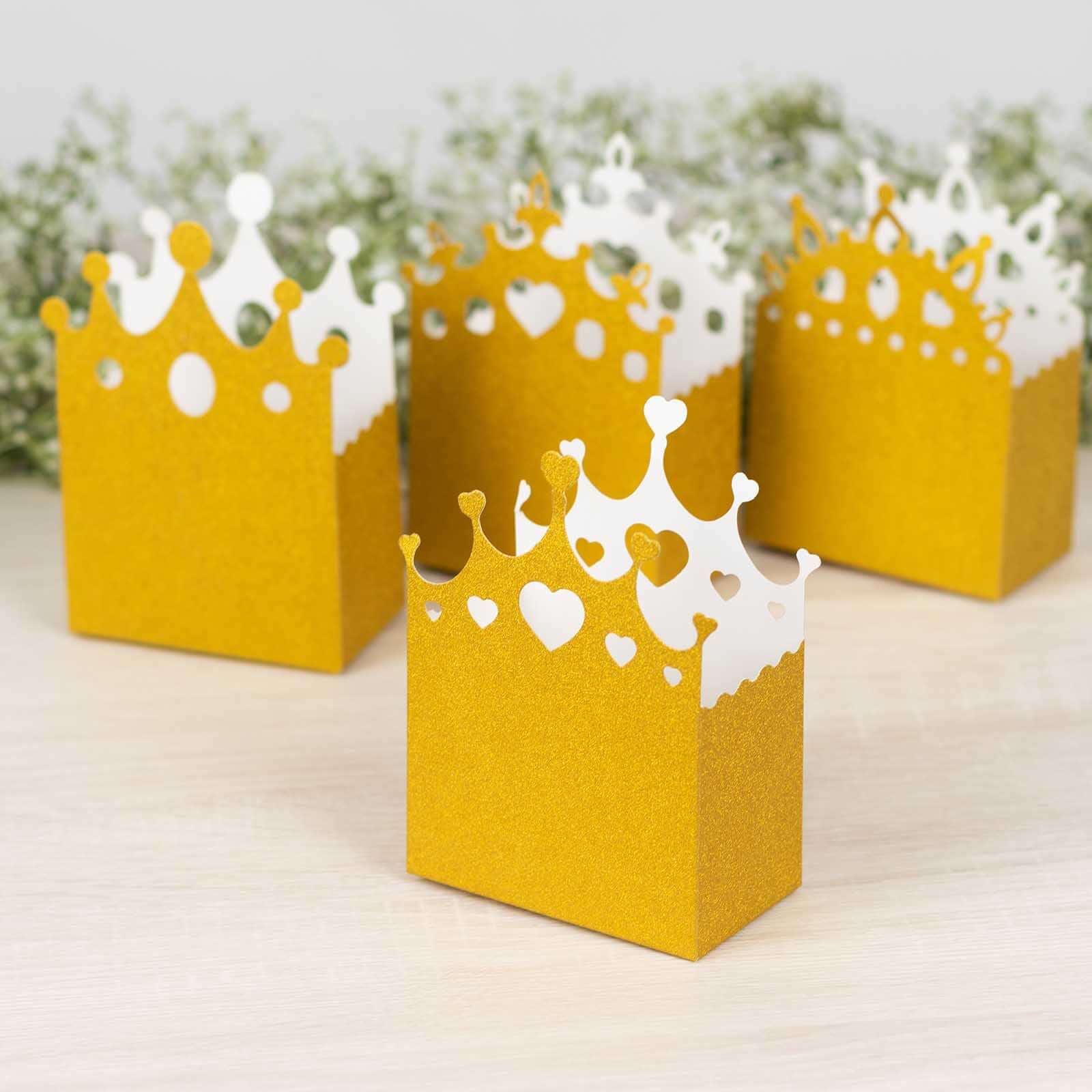 20-Pack Cardstock Favor Boxes Gold Glitter Princess Crown Design - Regal Fantasy Fairytale InspiredTreat Bags for Wedding Birthday Baby Shower Decorations 3.5"x 2"x 5"