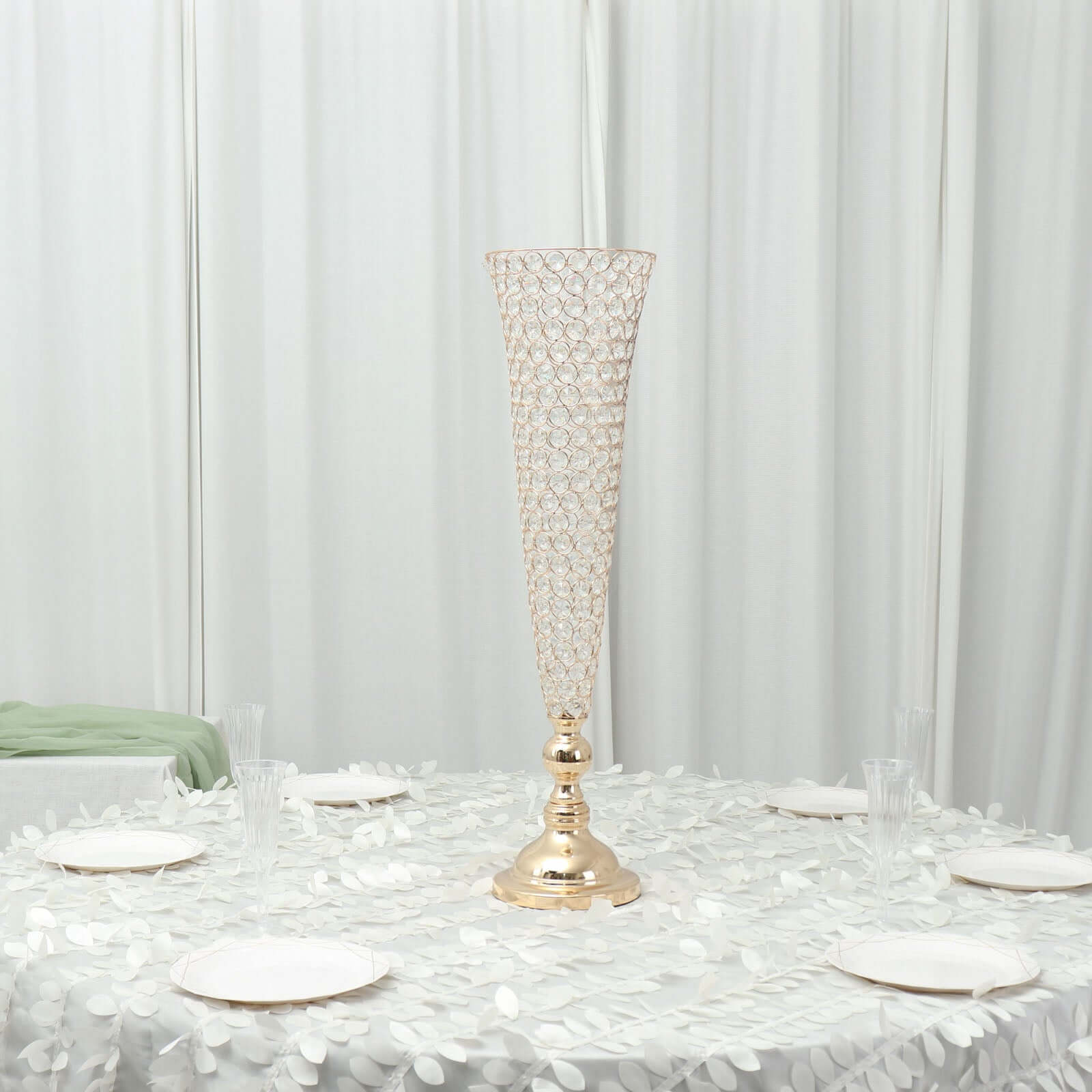 2-Pack Crystal Beaded Trumpet Vase Set Gold - Table Centerpiece for Weddings and Events 32"